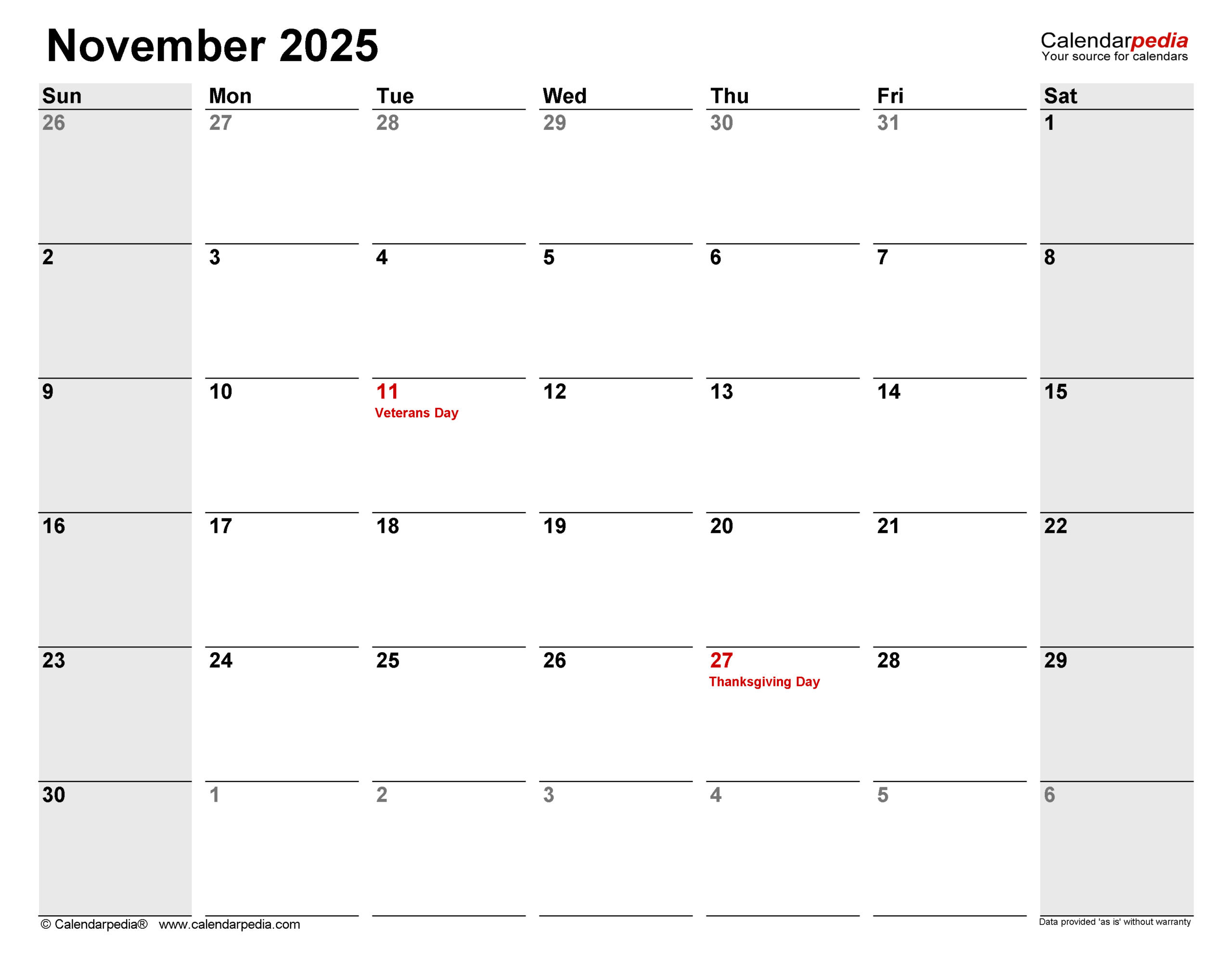 November 2025 Calendar Templates For PDF Excel And Word