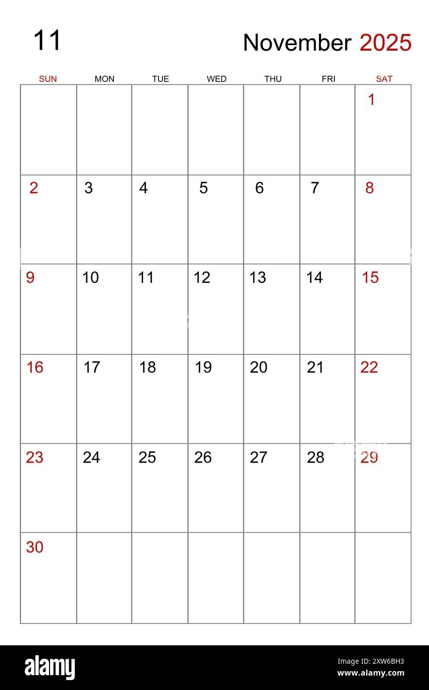 November 2025 Calendar Vertical Template On White Background Stock Photo Alamy