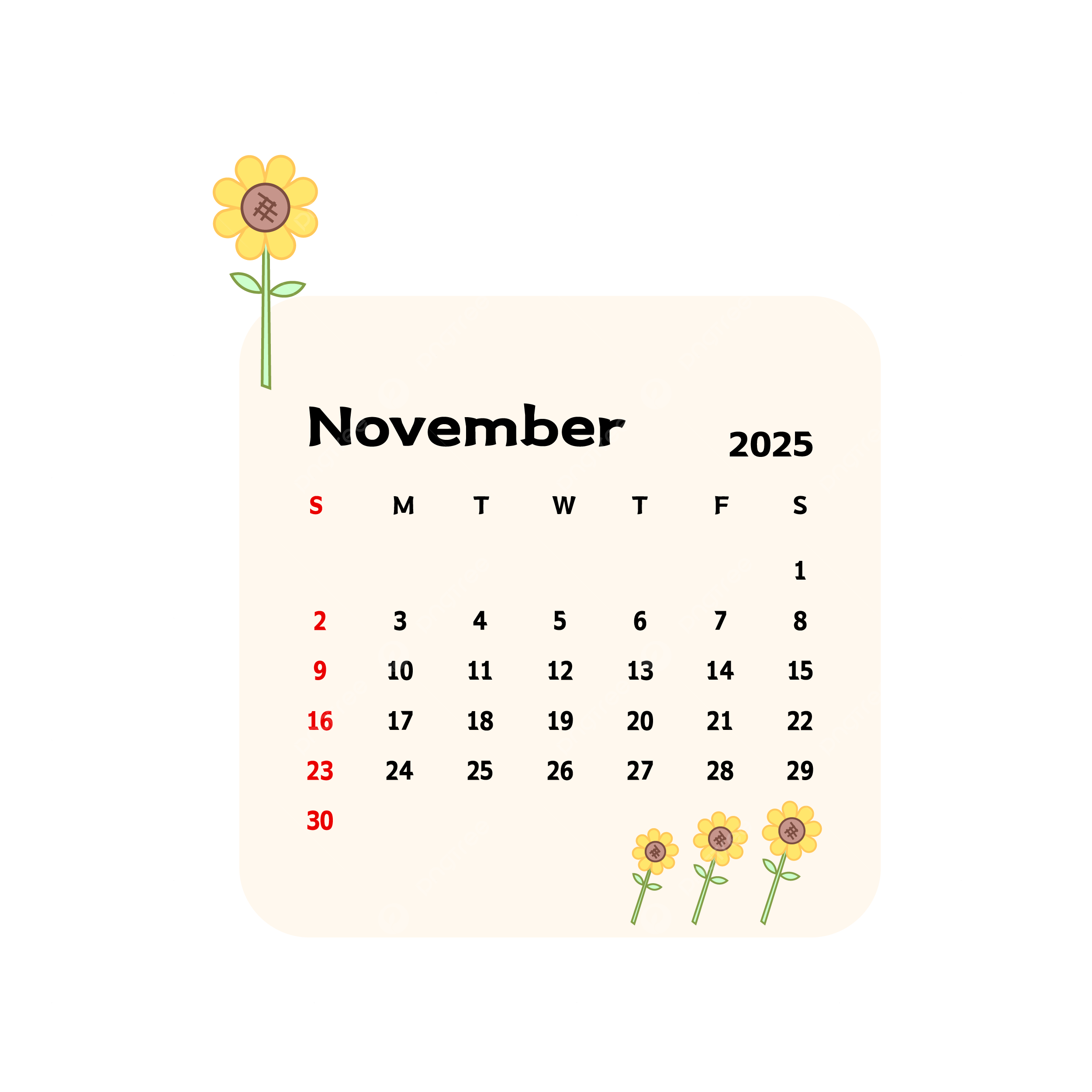 November 2025 Calendar With Cartoon Sunflowers Vector Calendar Clipart November Clipart Cartoon Clipart PNG And Vector With Transparent Background For Free Download