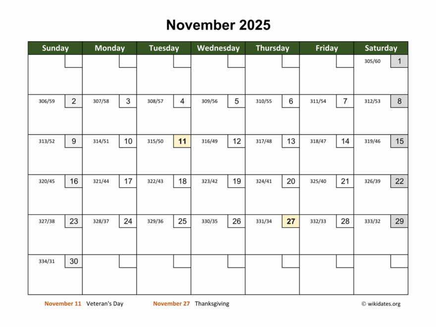 November 2025 Calendar With Day Numbers WikiDates