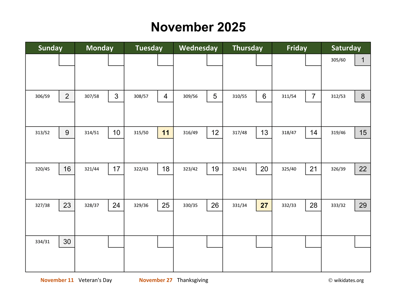 November 2025 Calendar With Day Numbers WikiDates