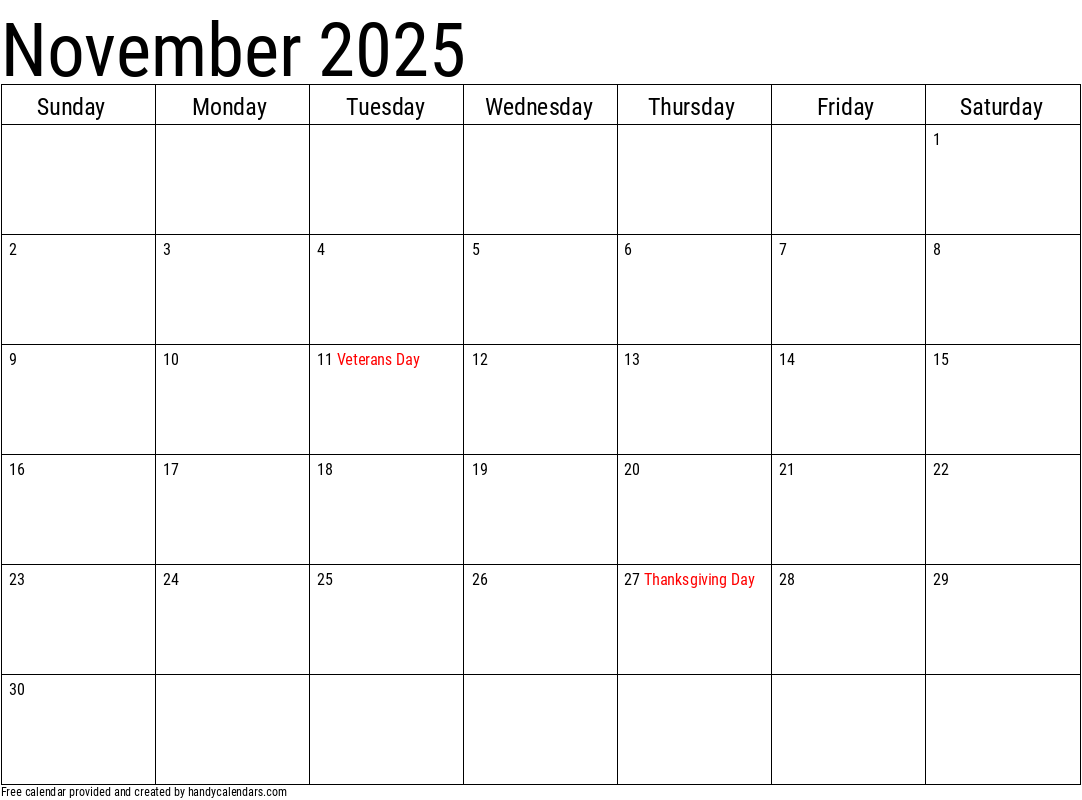 November 2025 Calendar With Holidays Handy Calendars