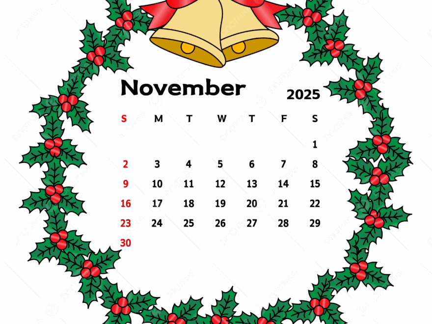 November 2025 Calendar With Leafy Circle Frame And Bells Vector Calendar November 2025 Leaf PNG And Vector With Transparent Background For Free Download