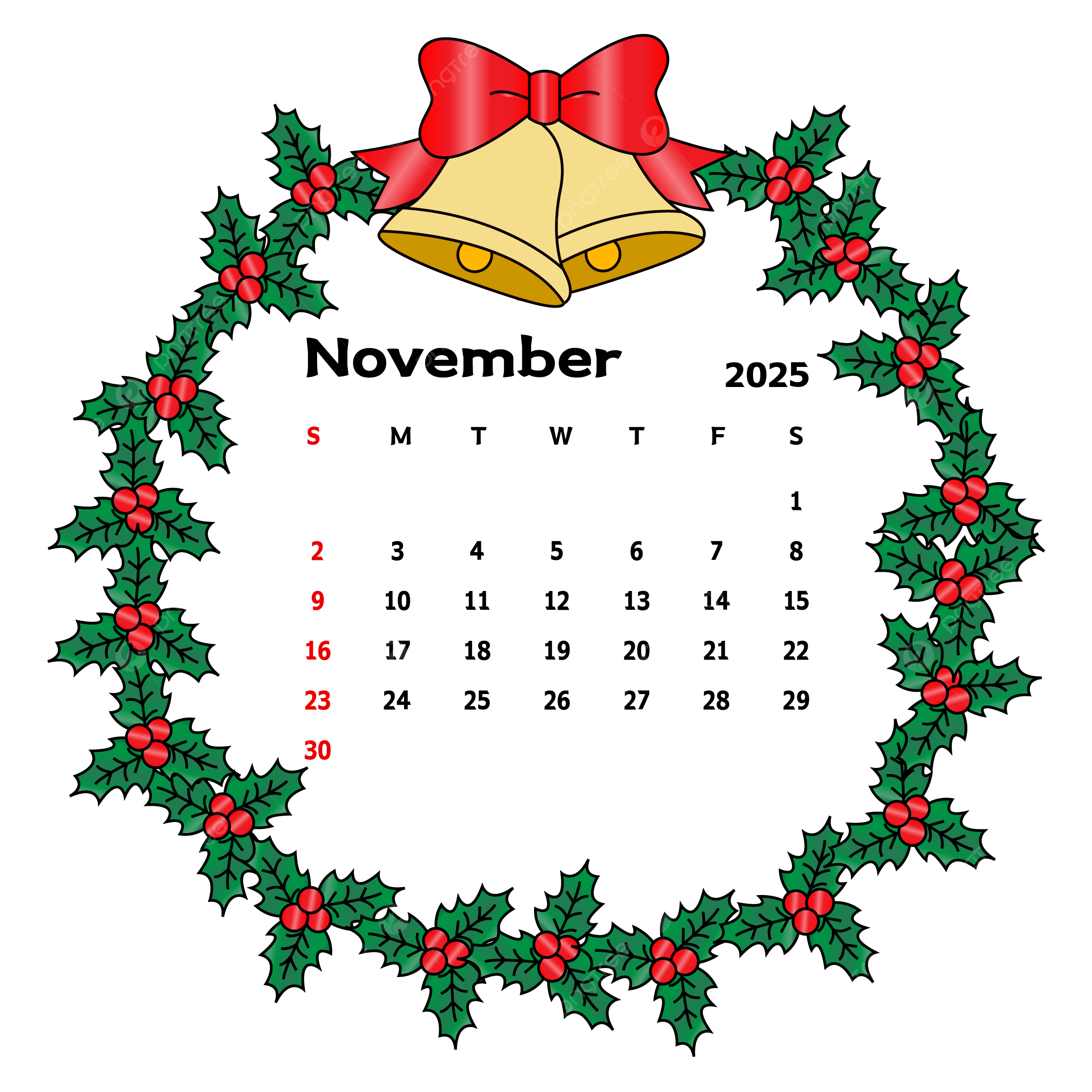 November 2025 Calendar With Leafy Circle Frame And Bells Vector Calendar November 2025 Leaf PNG And Vector With Transparent Background For Free Download