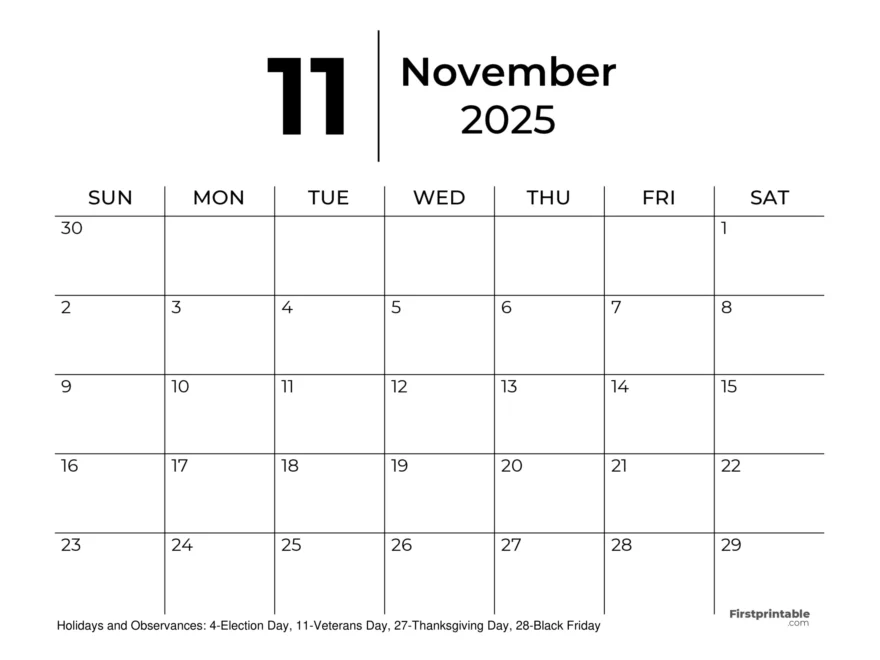 November 2025 Calendars Free Printable Fillable