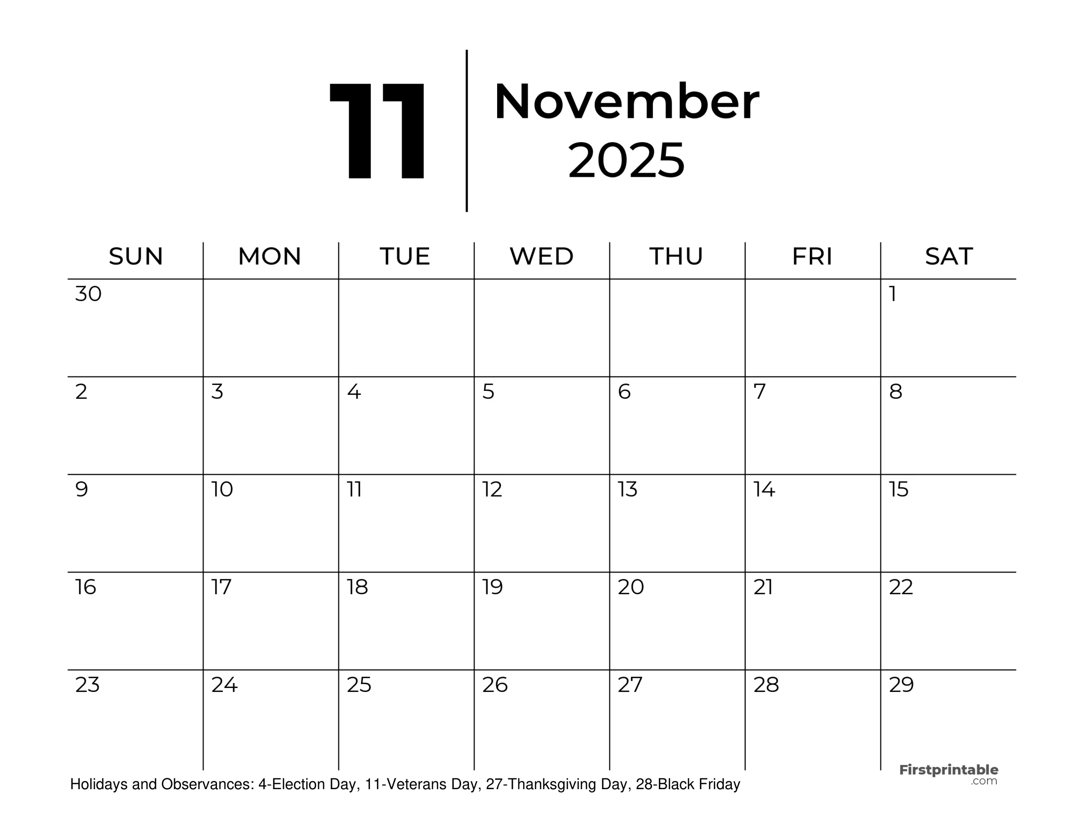 November 2025 Calendars Free Printable Fillable