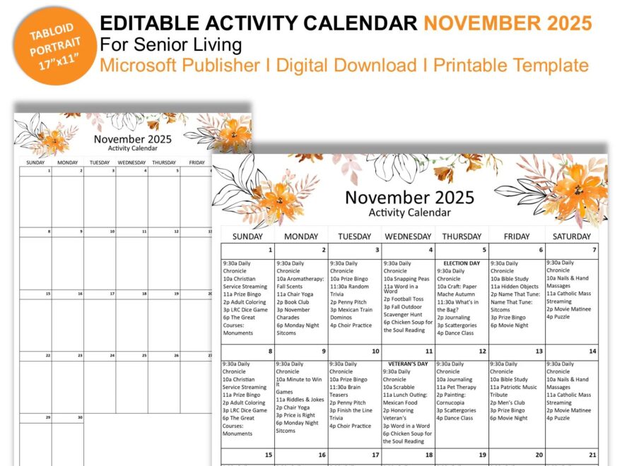 November 2025 Editable Monthly Activities Calendar For Senior Living Tabloid Size 17 X 11 Publisher Format Etsy Canada