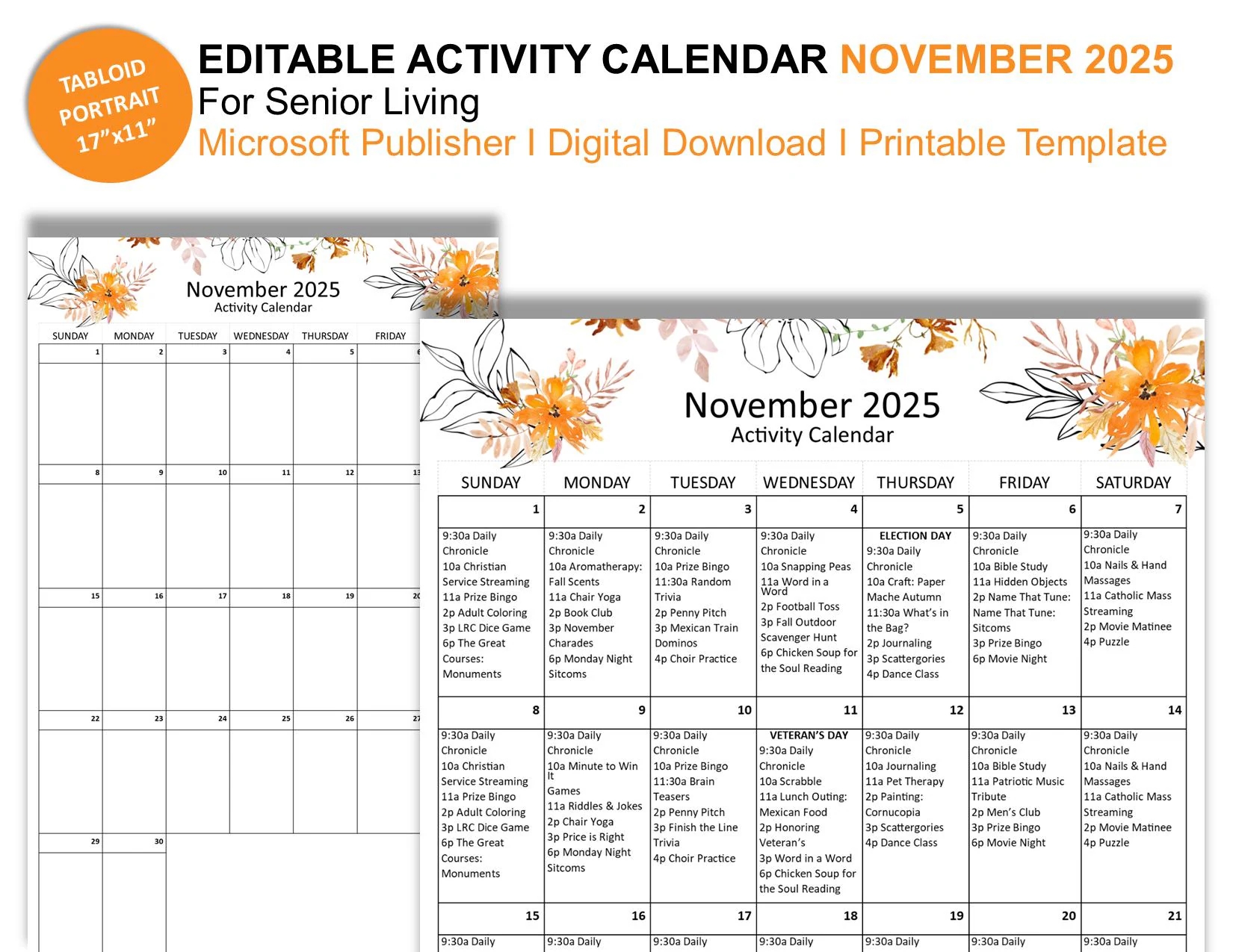 November 2025 Editable Monthly Activities Calendar For Senior Living Tabloid Size 17 X 11 Publisher Format Etsy Canada