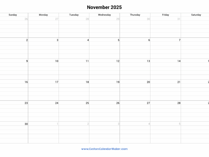 November 2025 Fillable Calendar Grid With Lines Custom Calendar Maker