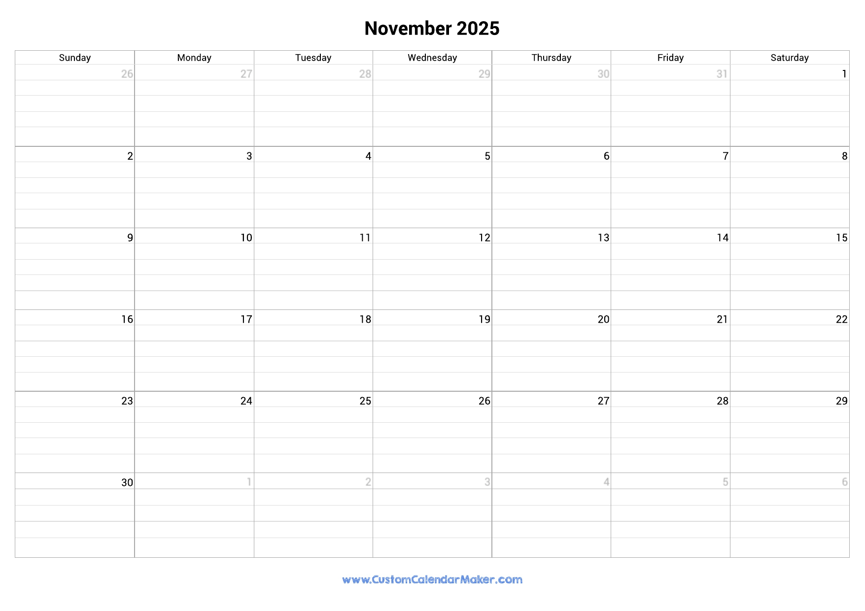 November 2025 Fillable Calendar Grid With Lines Custom Calendar Maker