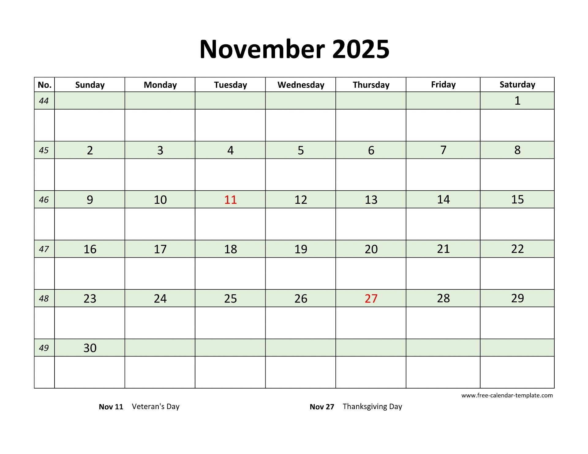 November 2025 Calendar Excel