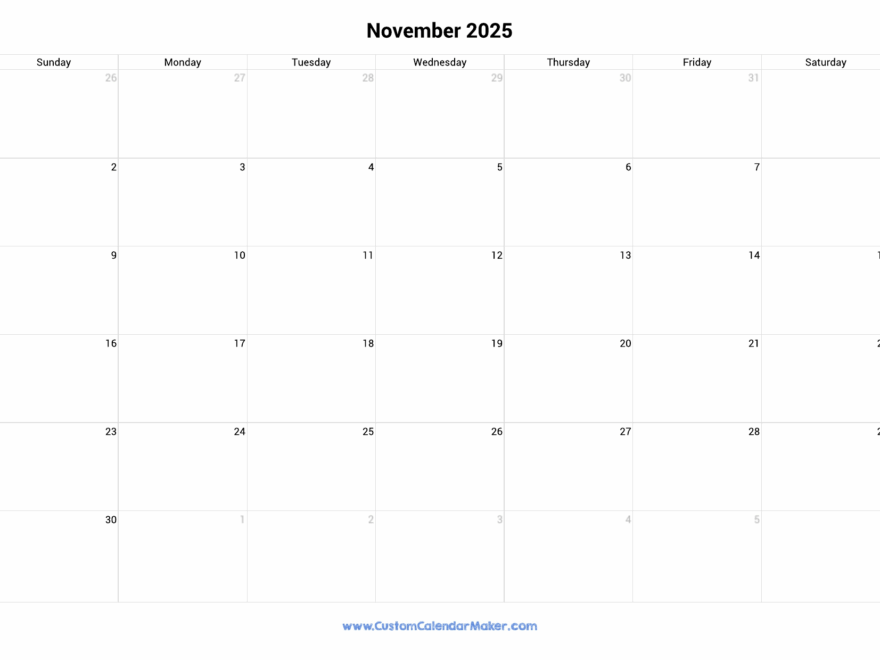 November 2025 Landscape Calendar With Large Boxes Custom Calendar Maker