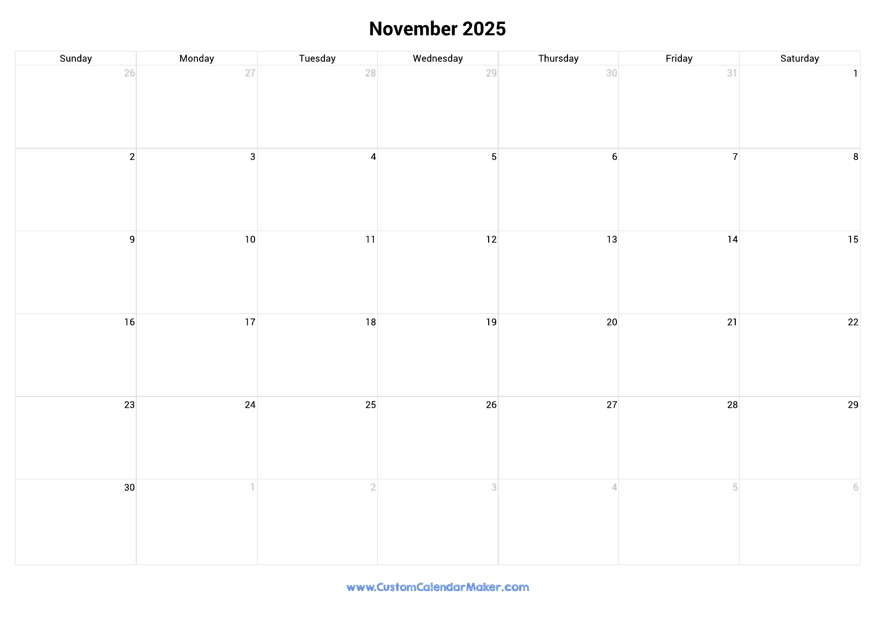 November 2025 Landscape Calendar With Large Boxes Custom Calendar Maker