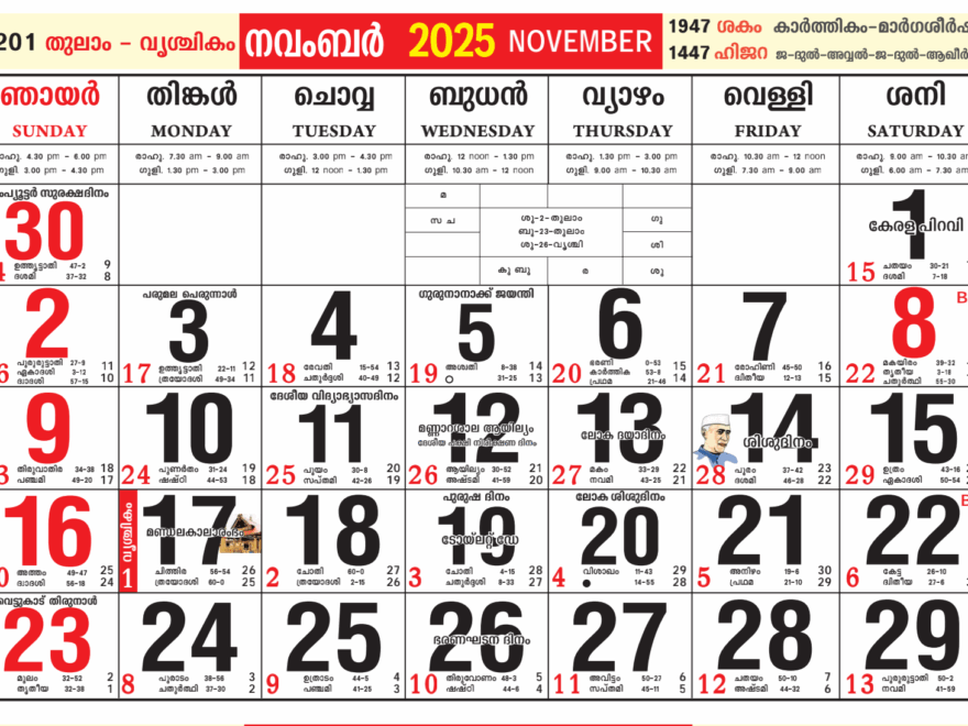 November 2025 Malayalam Calendar festival Important Date Tiithi Brata Calendar Paper