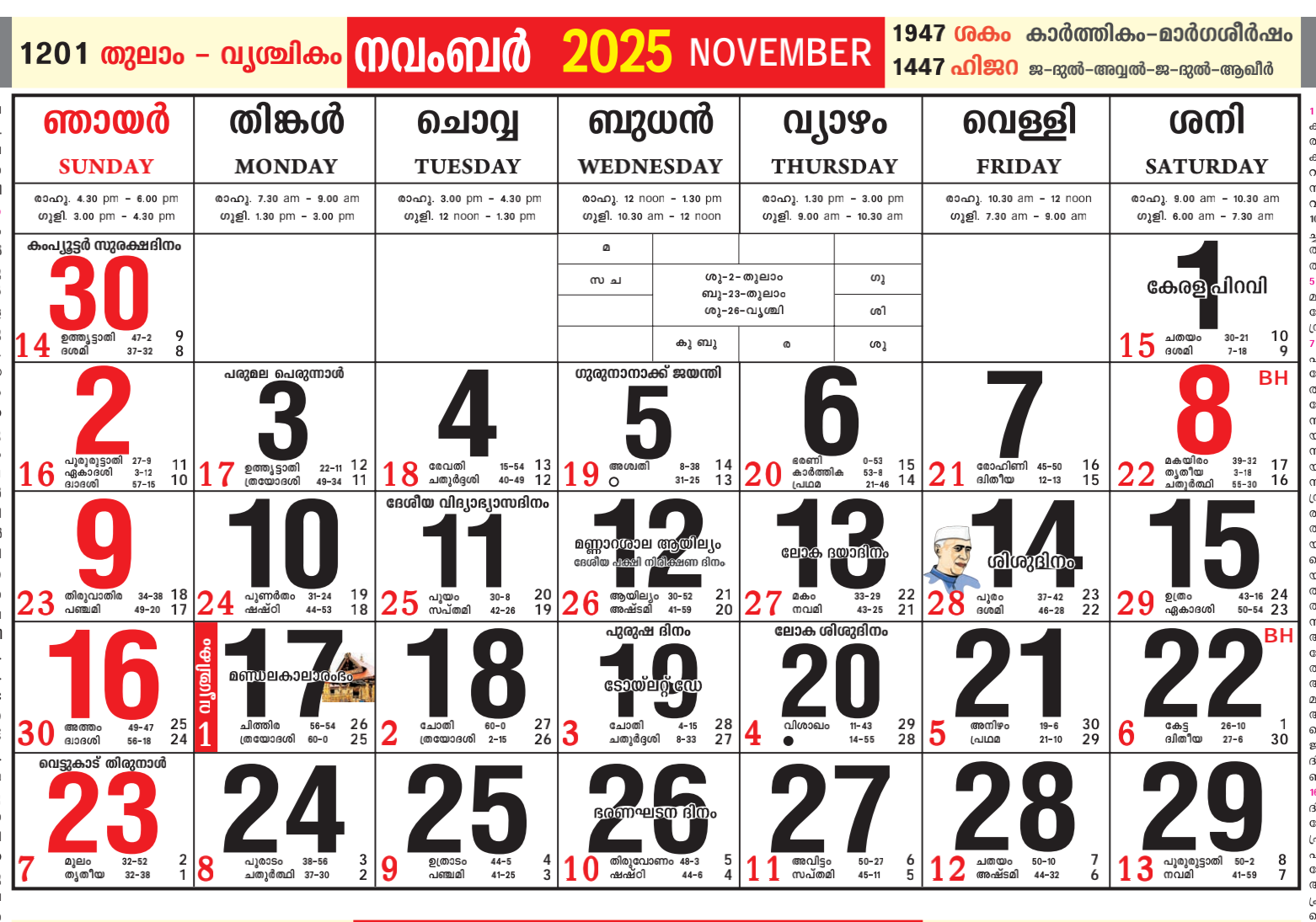 November 2025 Malayalam Calendar festival Important Date Tiithi Brata Calendar Paper