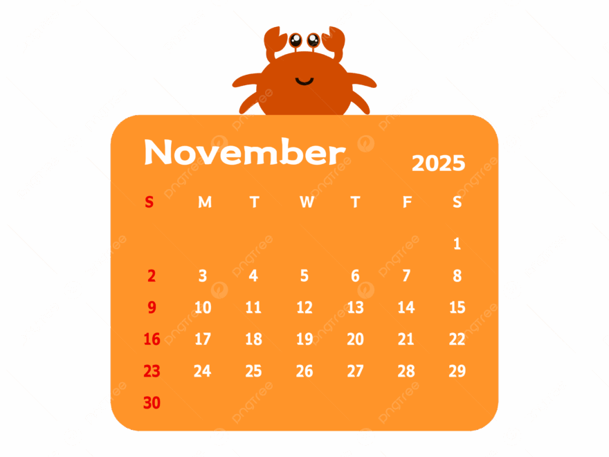 November 2025 Monthly Calendar With Cartoon Crab Vector Crab Clipart Calendar Clipart November Clipart PNG And Vector With Transparent Background For Free Download