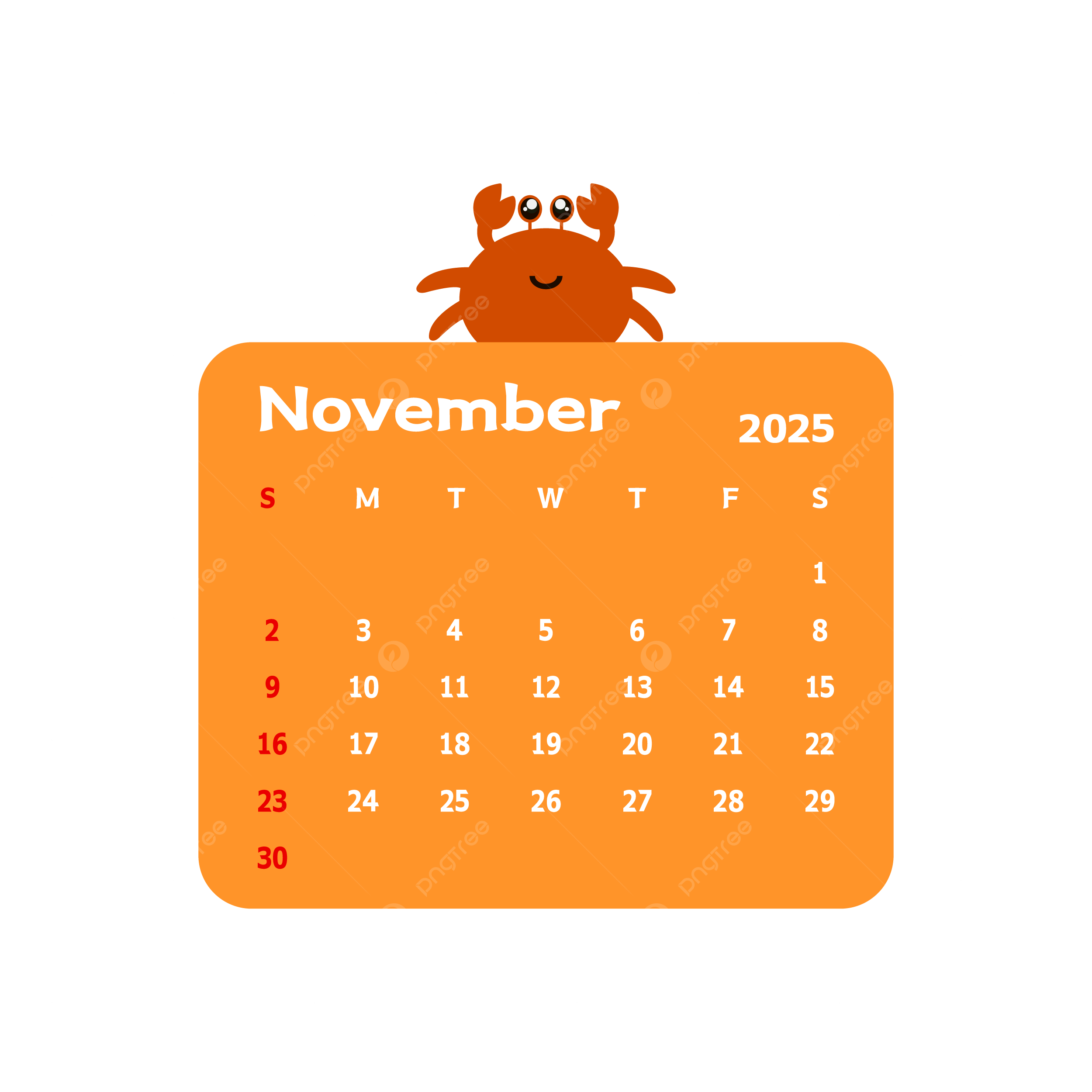 November 2025 Monthly Calendar With Cartoon Crab Vector Crab Clipart Calendar Clipart November Clipart PNG And Vector With Transparent Background For Free Download