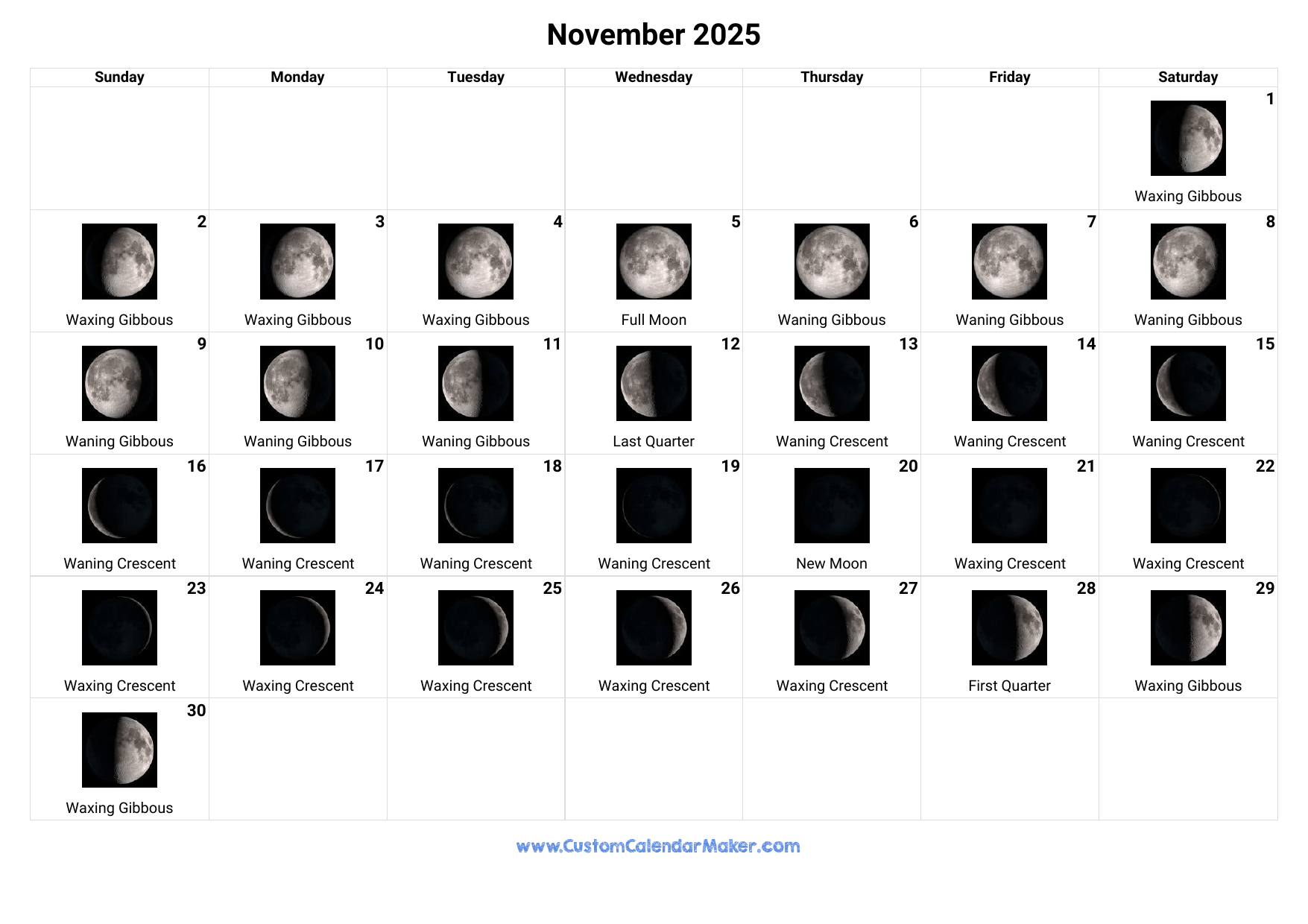 Moon Calendar November 2025