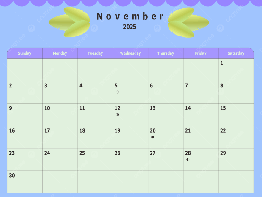 November 2025 Peaceful Blue With Graceful Green Leaves Calendar Vector Template Download On Pngtree