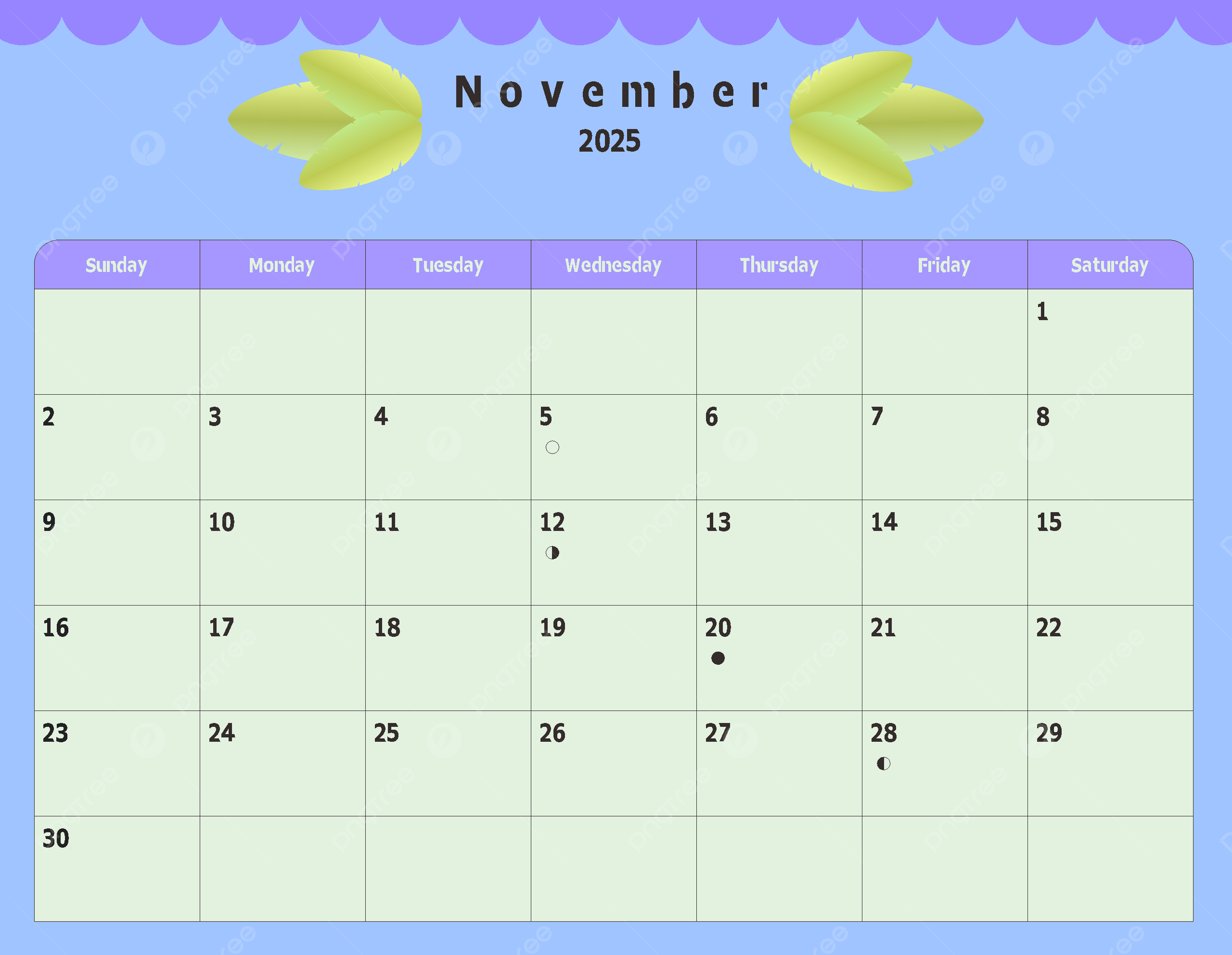 November 2025 Peaceful Blue With Graceful Green Leaves Calendar Vector Template Download On Pngtree