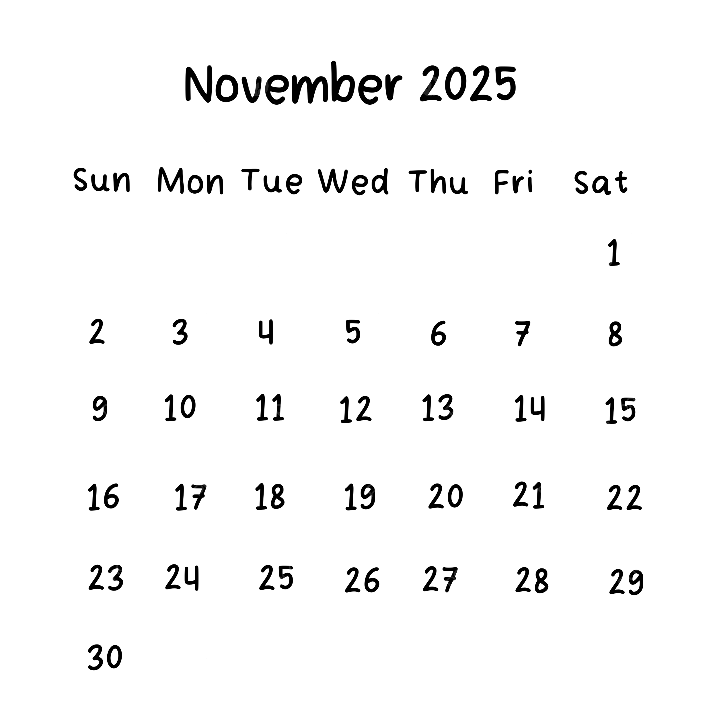 November 2025 Plain Calendar In Black Color 2025 Calendar November PNG Transparent Clipart Image And PSD File For Free Download