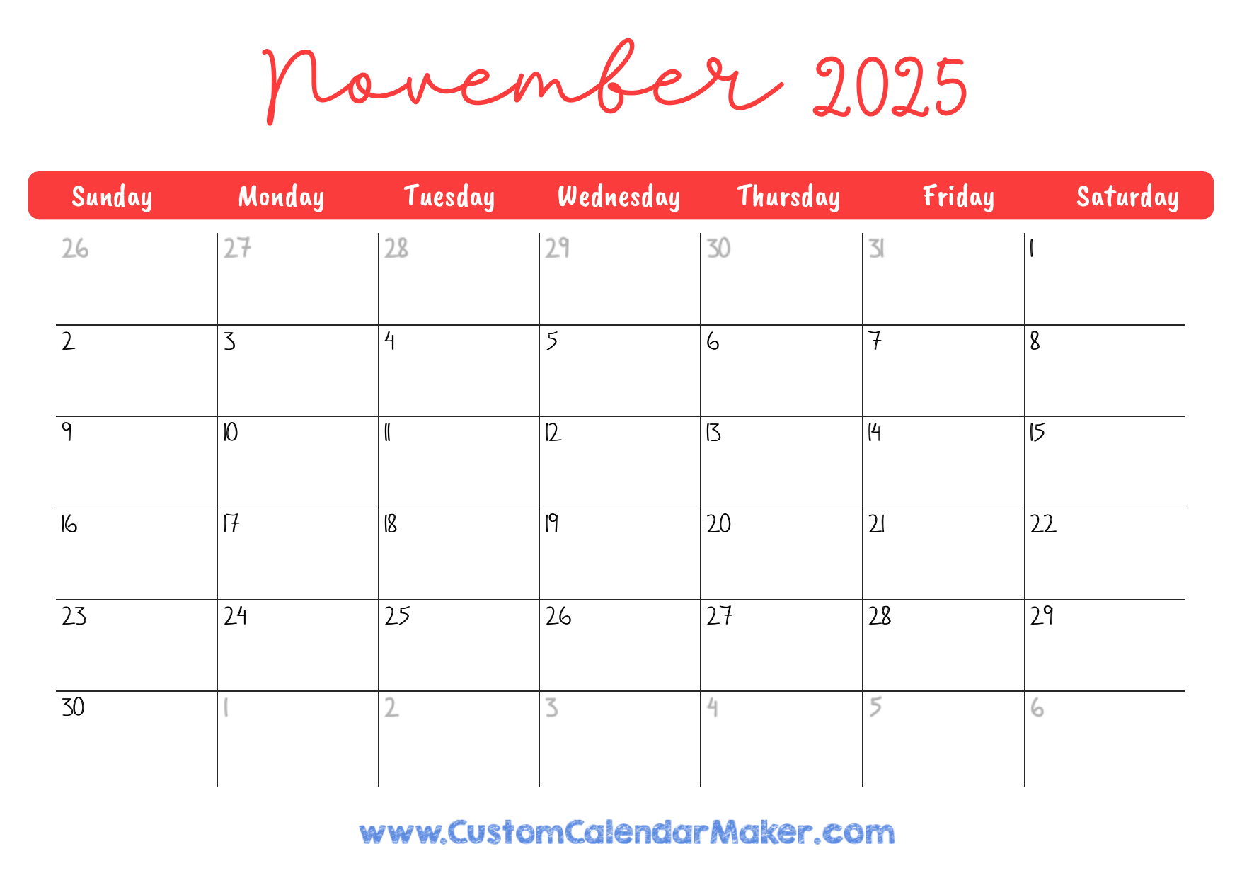 November 2025 Printable Calendar 23 Free Templates PDF Custom Calendar Maker