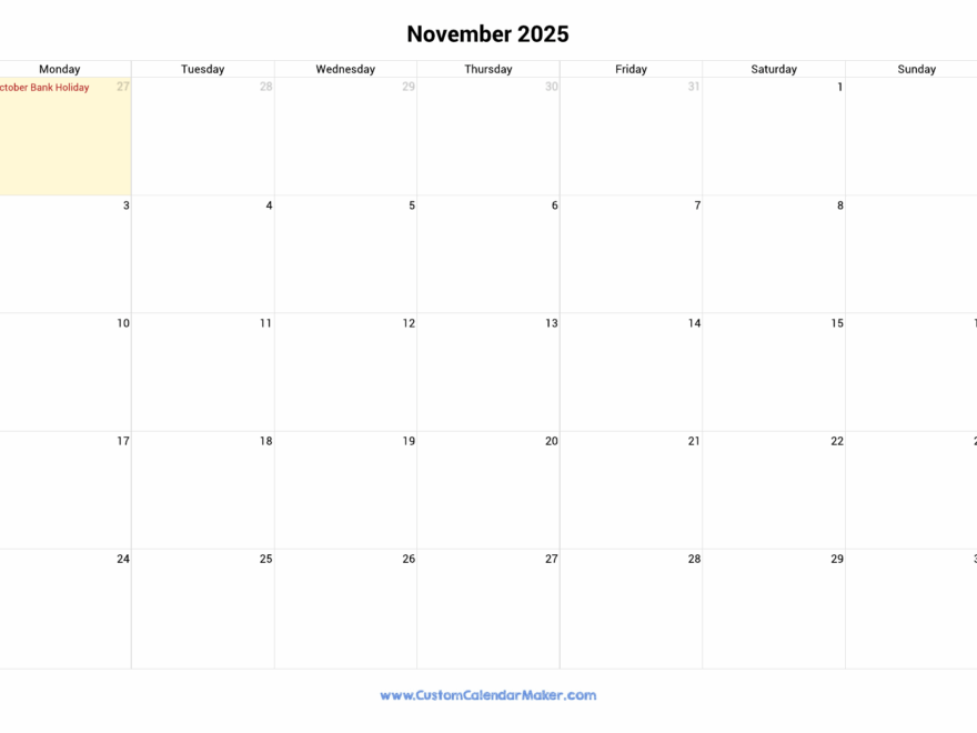 November 2025 Printable Calendar With Ireland Holidays Custom Calendar Maker
