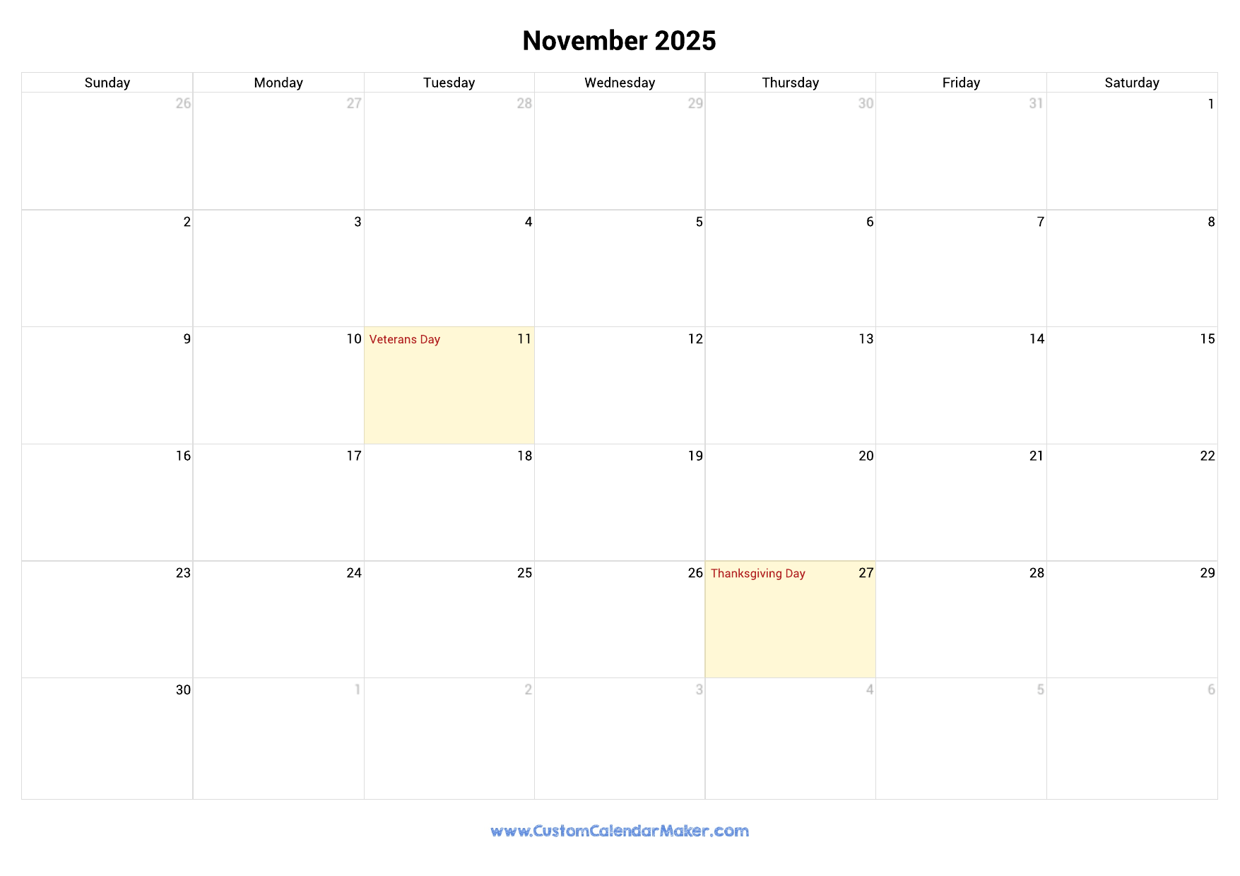 November Calendar 2025 With Holidays