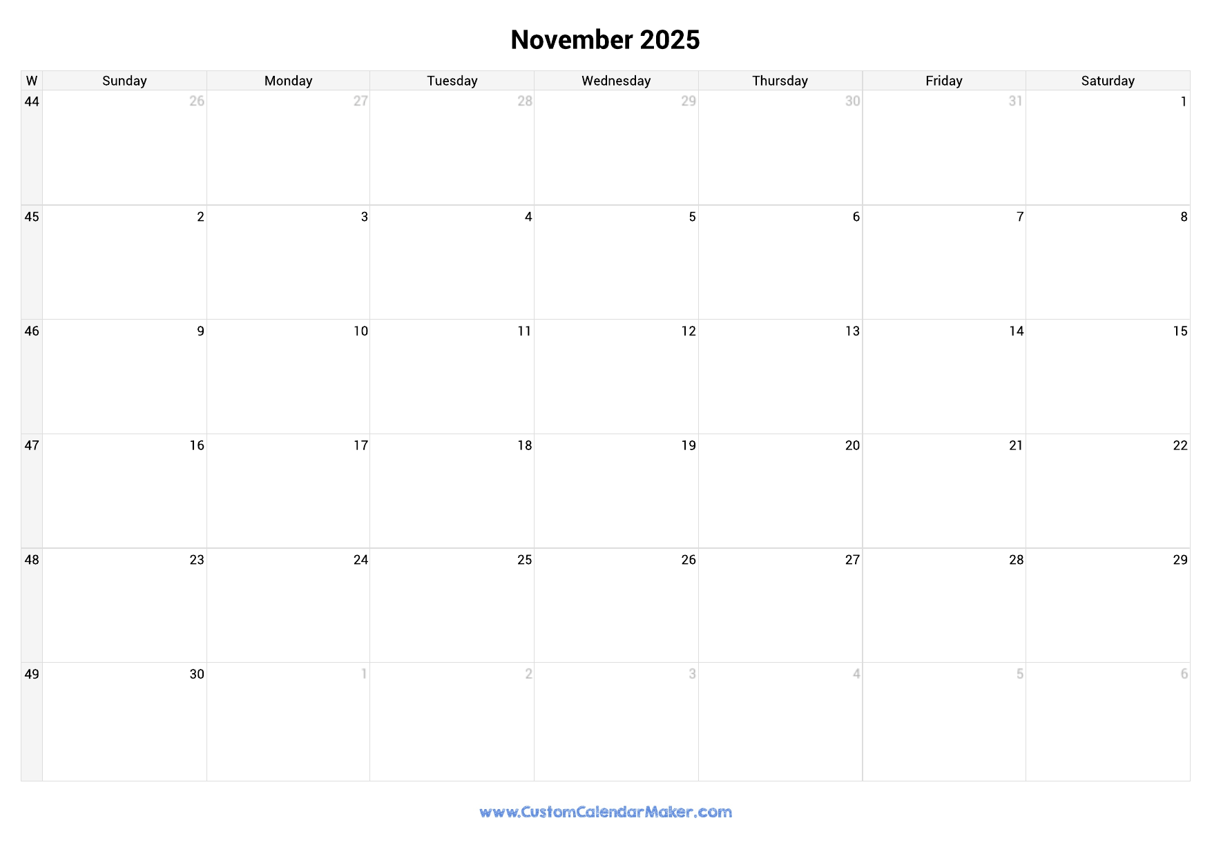 November 2025 Printable Calendar With Week Numbers Custom Calendar Maker