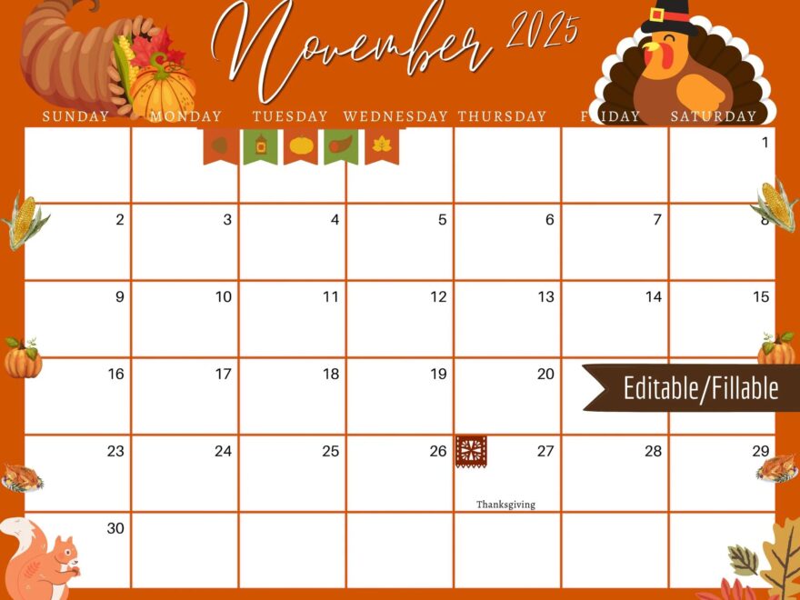 November 2025 Thanksgiving Planner Editable Printable Calendar PDF PNG JPG Etsy