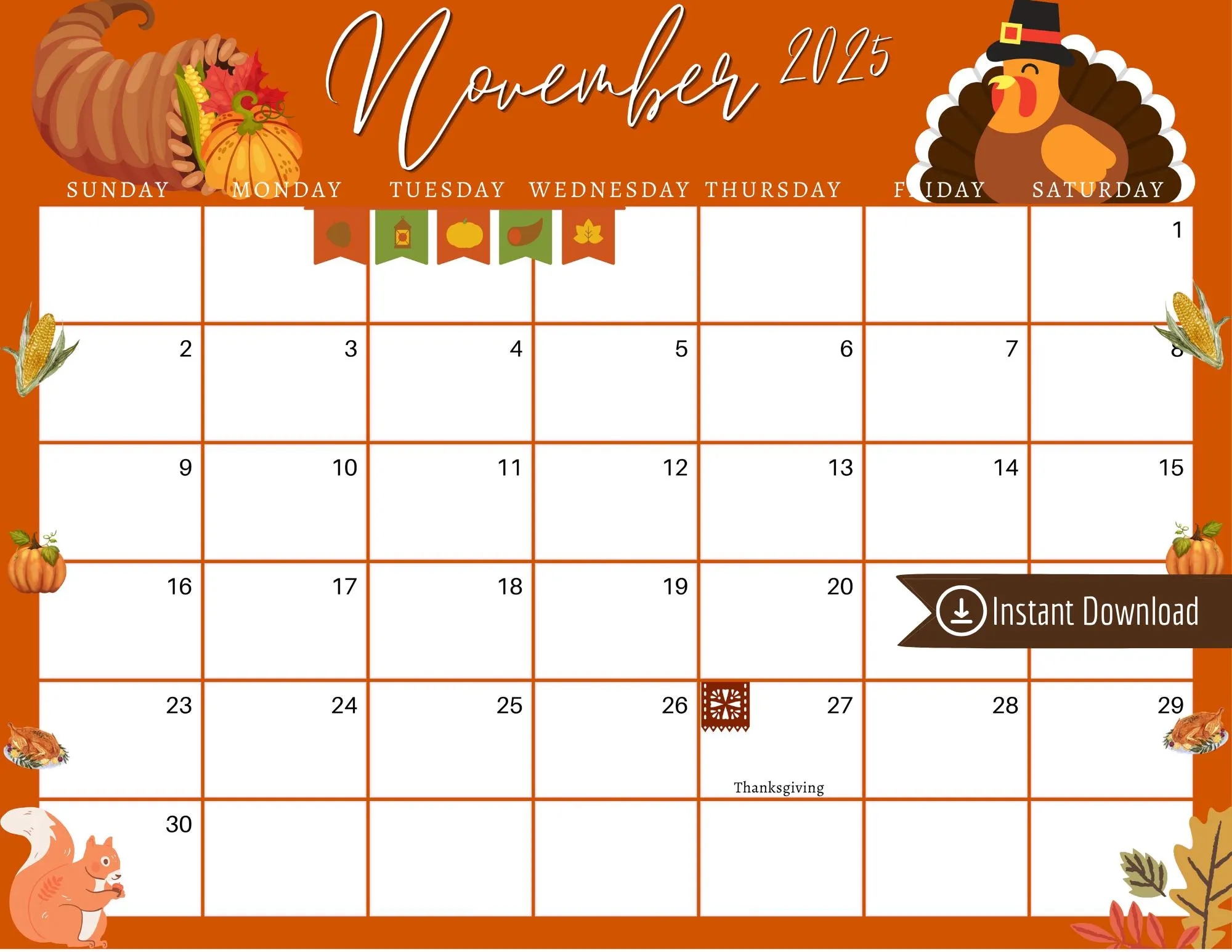 November 2025 Thanksgiving Planner Editable Printable Calendar PDF PNG JPG Etsy