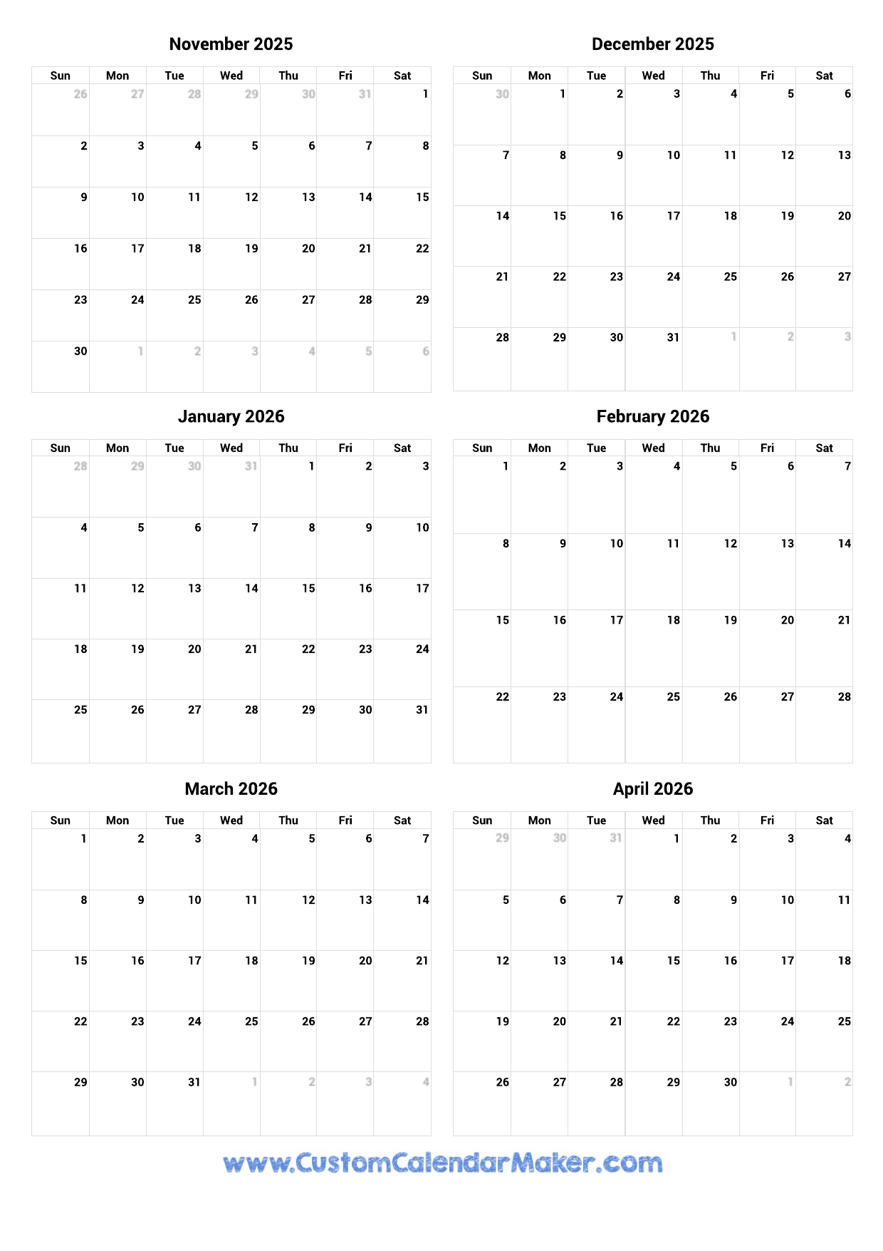 November 2025 To April 2026 Printable Calendar Custom Calendar Maker