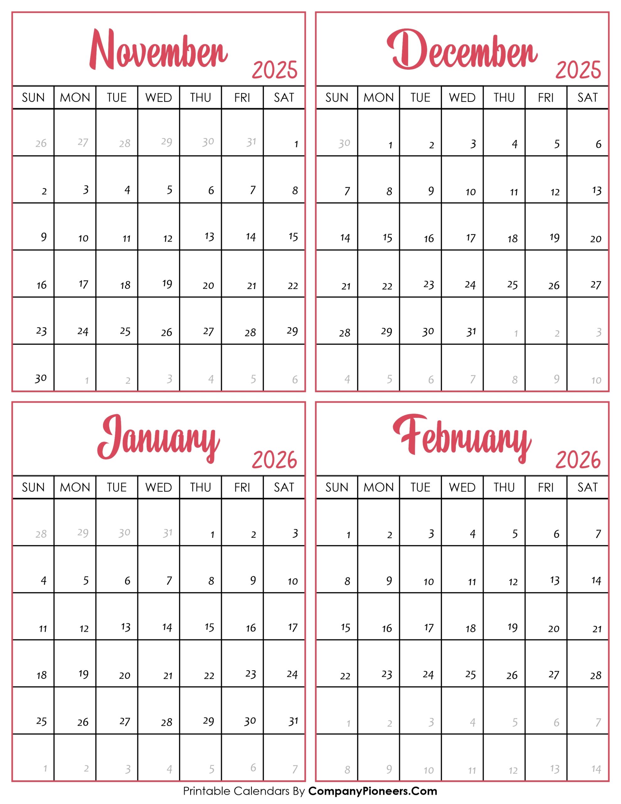 November 2025 To February 2026 Calendar Printable Template