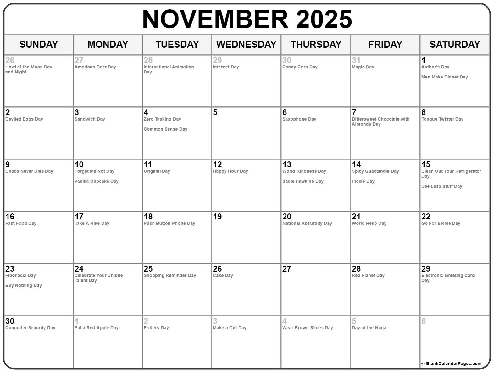 November 2025 With Holidays Calendar