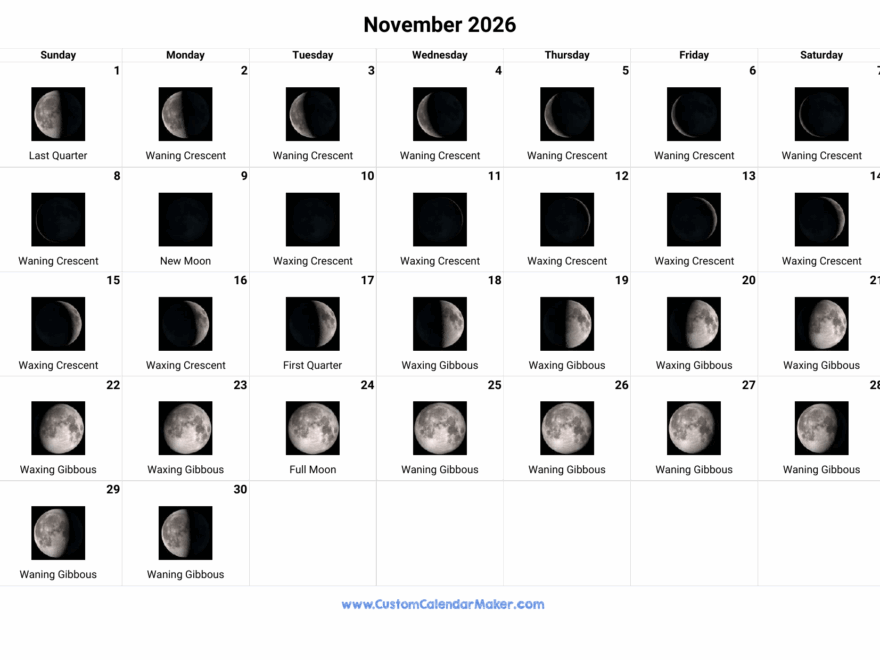 November 2026 Moon Phases Calendar Custom Calendar Maker