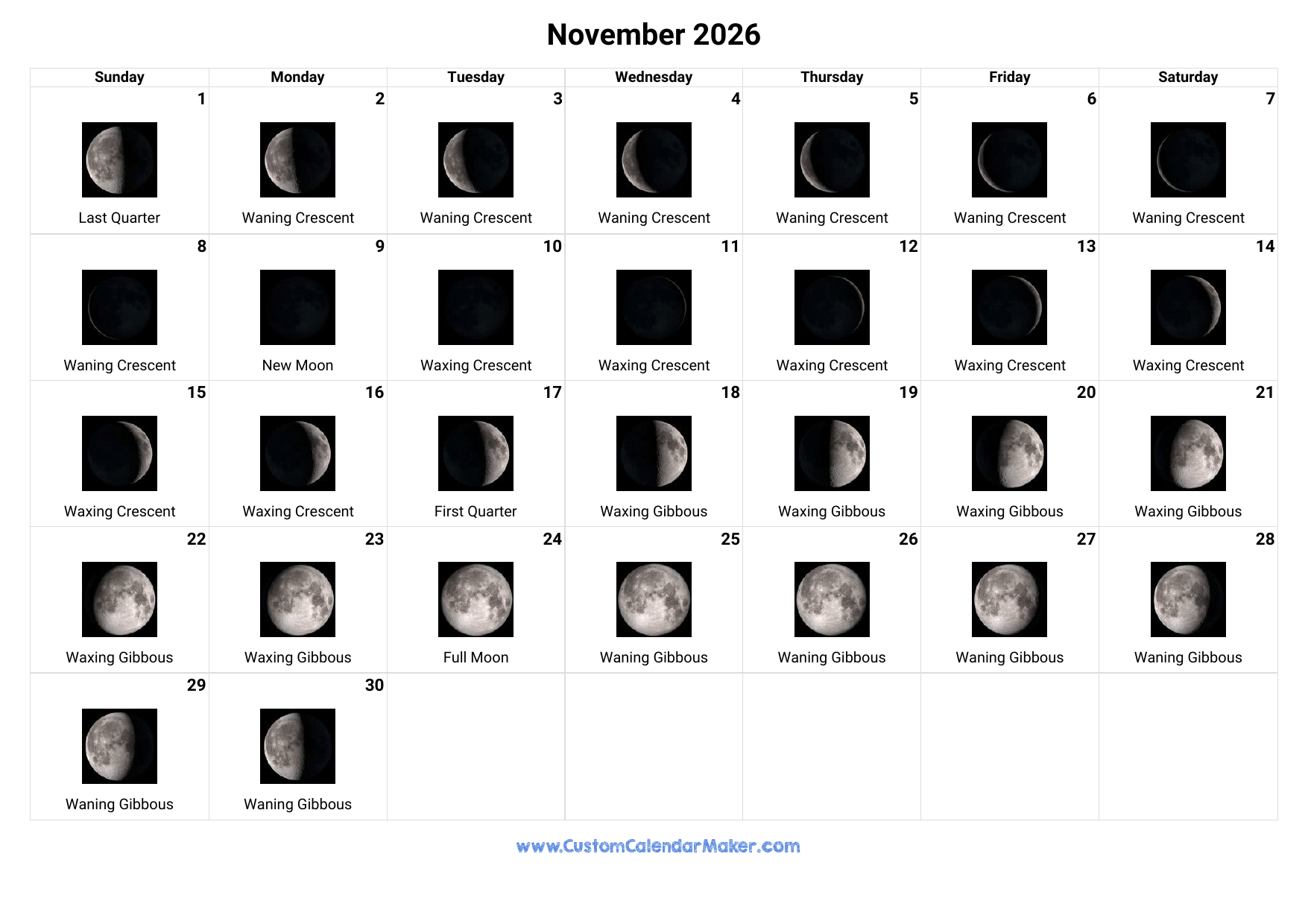 November 2026 Moon Phases Calendar Custom Calendar Maker