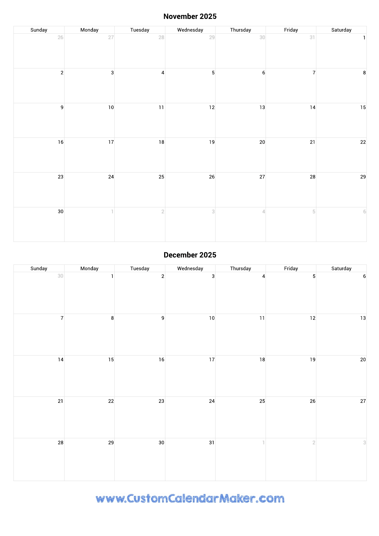 September October November December 2025 Calendar