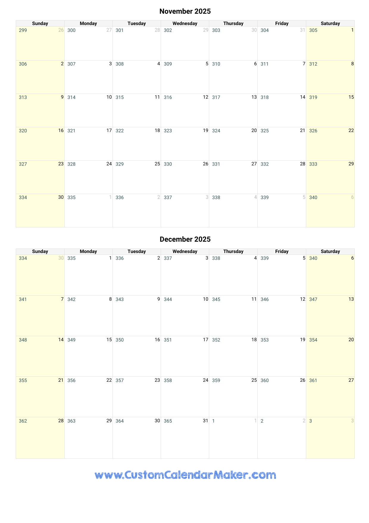 November And December 2025 Calendar Custom Calendar Maker
