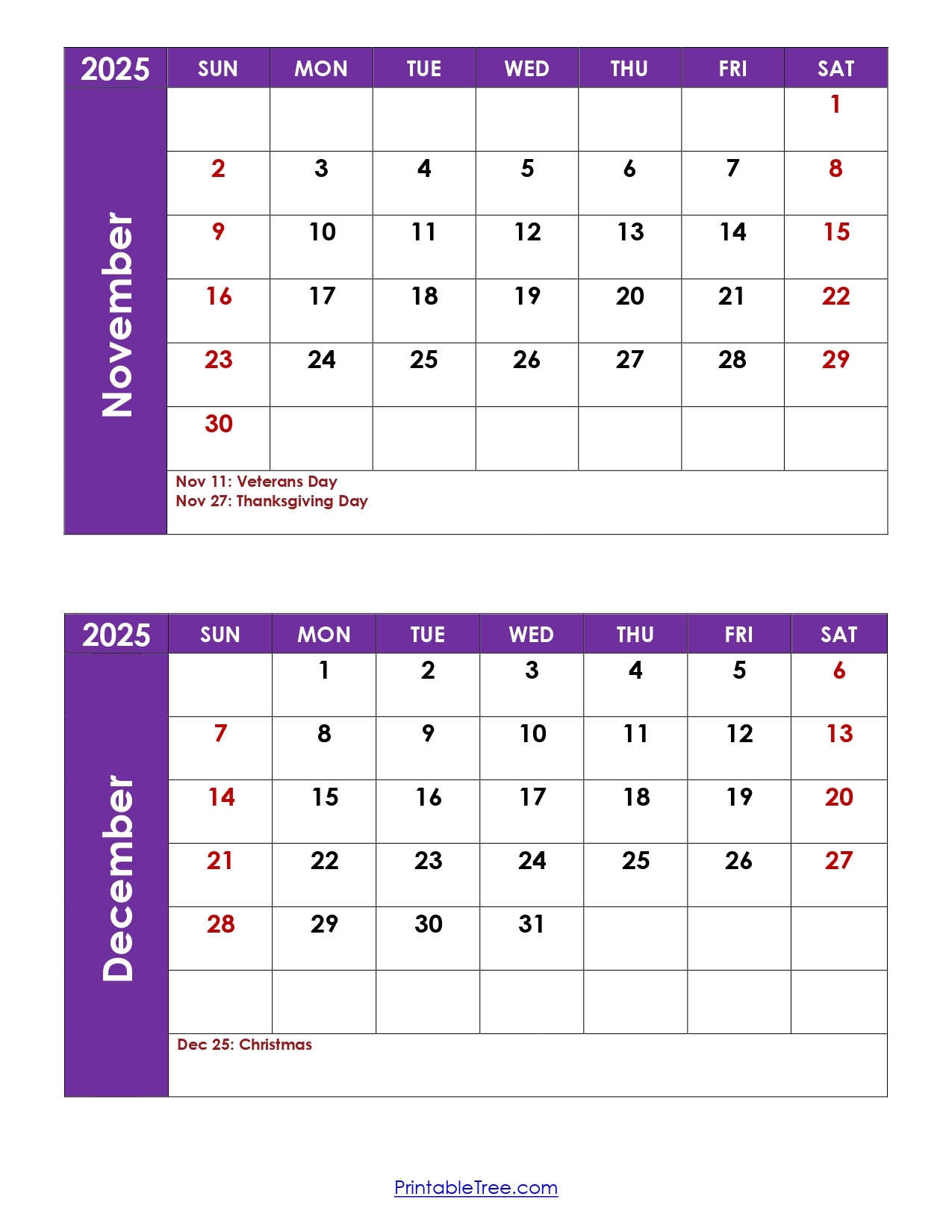 November And December 2025 Calendar Printable PDF Two Months Calendar