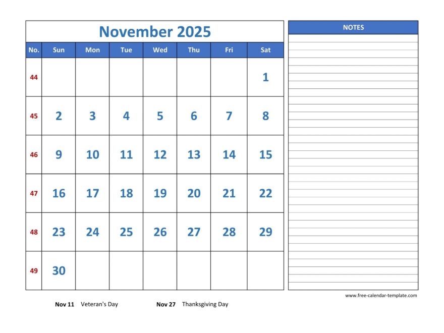 November Calendar 2025 Grid Lines For Holidays And Notes horizontal Free calendar template