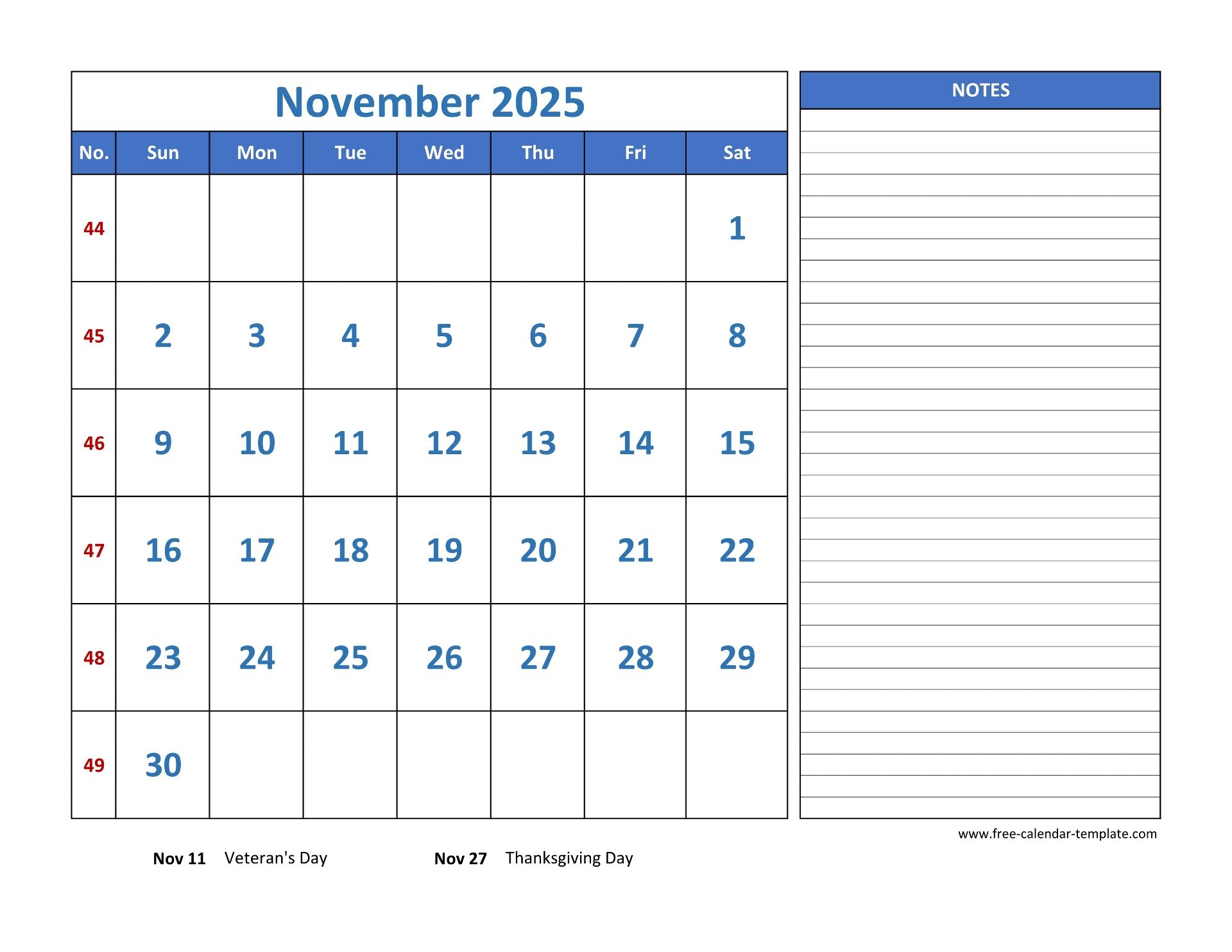 November Calendar 2025 Grid Lines For Holidays And Notes horizontal Free calendar template
