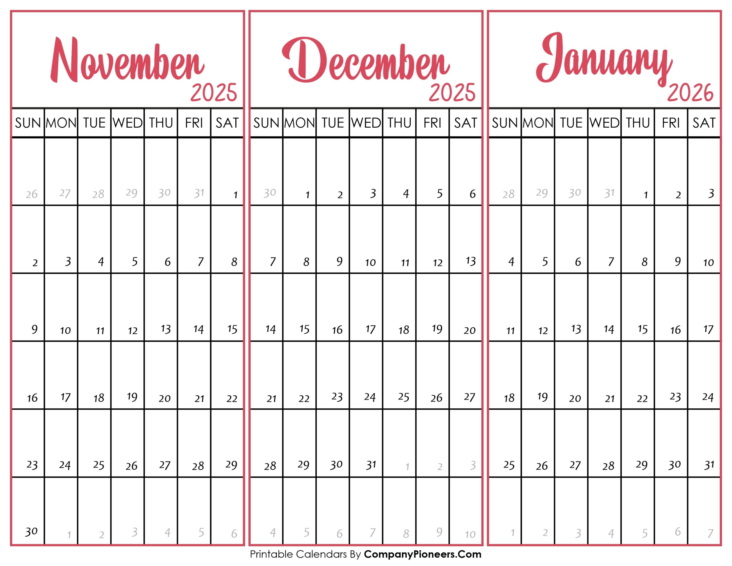 November December 2025 Calendar Printable