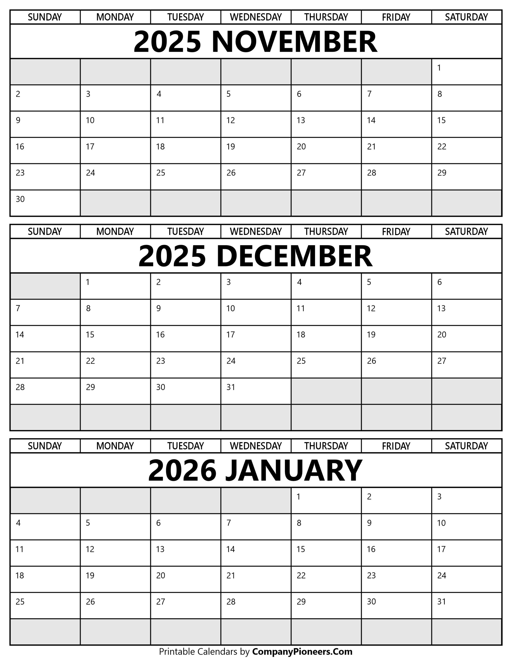 November December 2025 January 2026 Calendar Printable Template