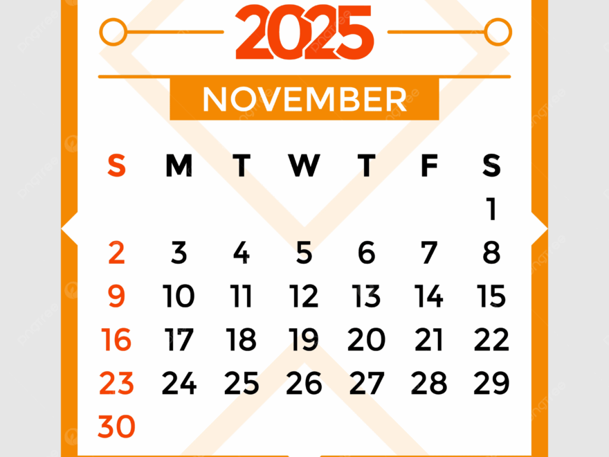November Month 2025 Calendar Orange Vector Template Download On Pngtree