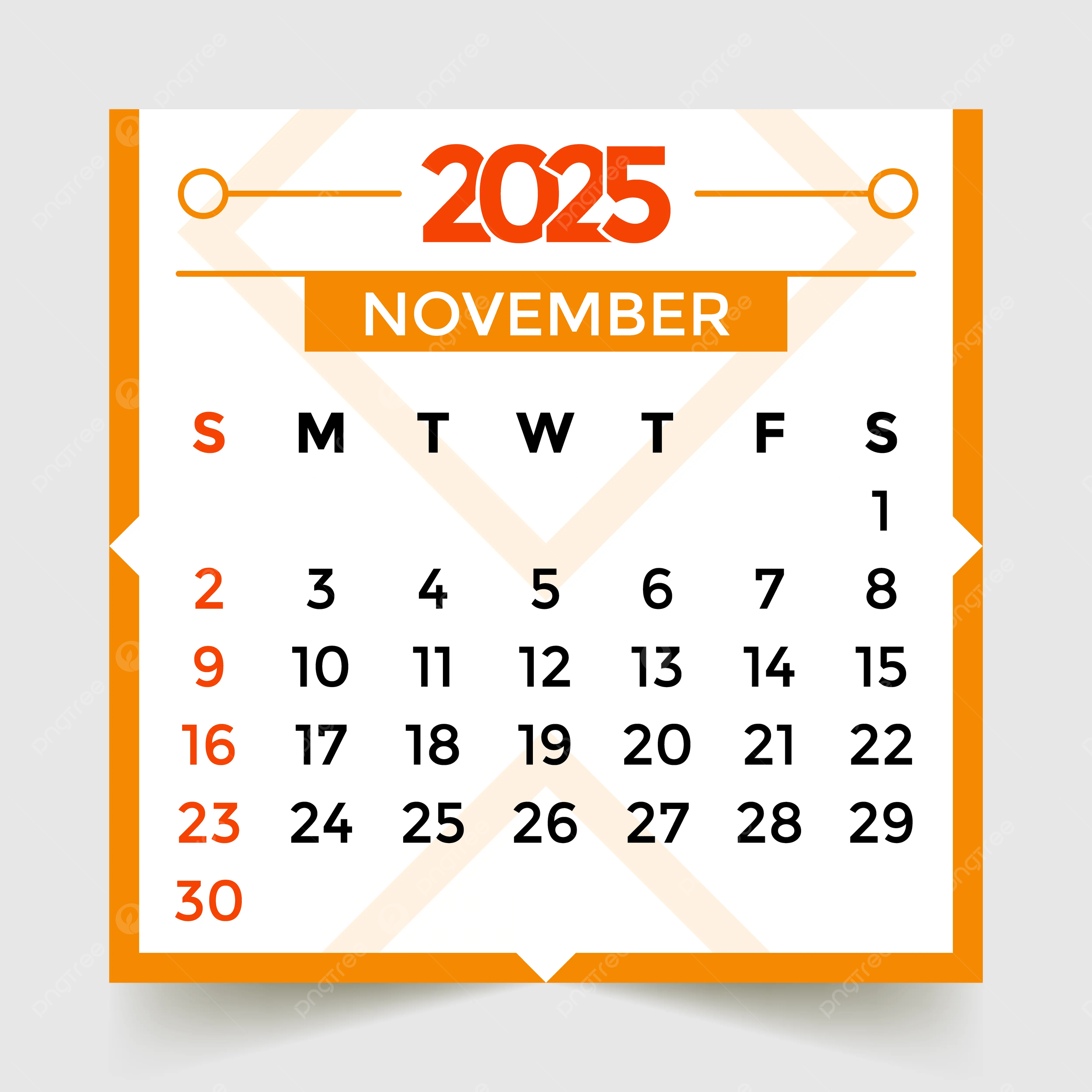 November Month 2025 Calendar Orange Vector Template Download On Pngtree