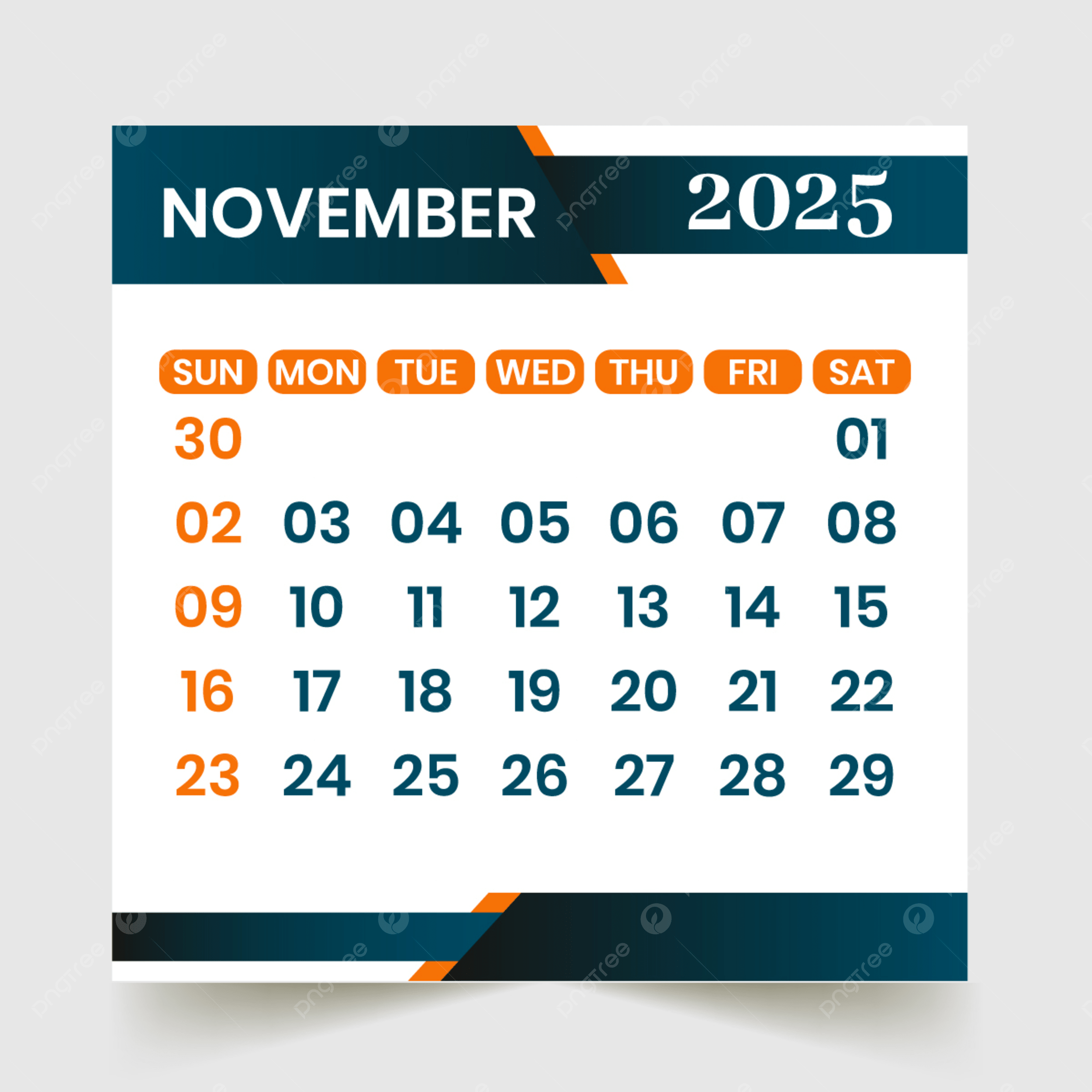 November Month Calendar 2025 Vector Template Download On Pngtree