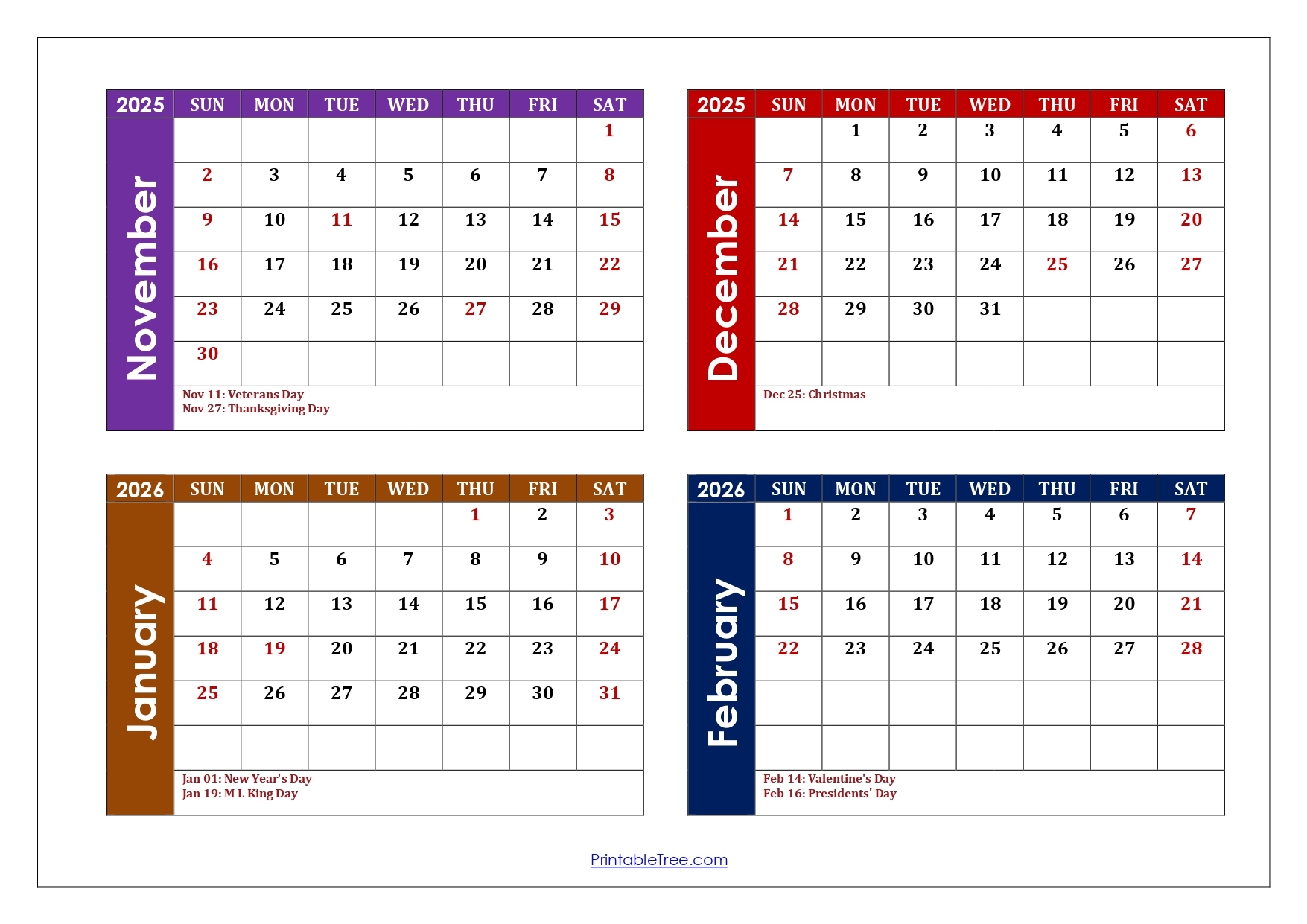 Printable Four Month Calendar 2026