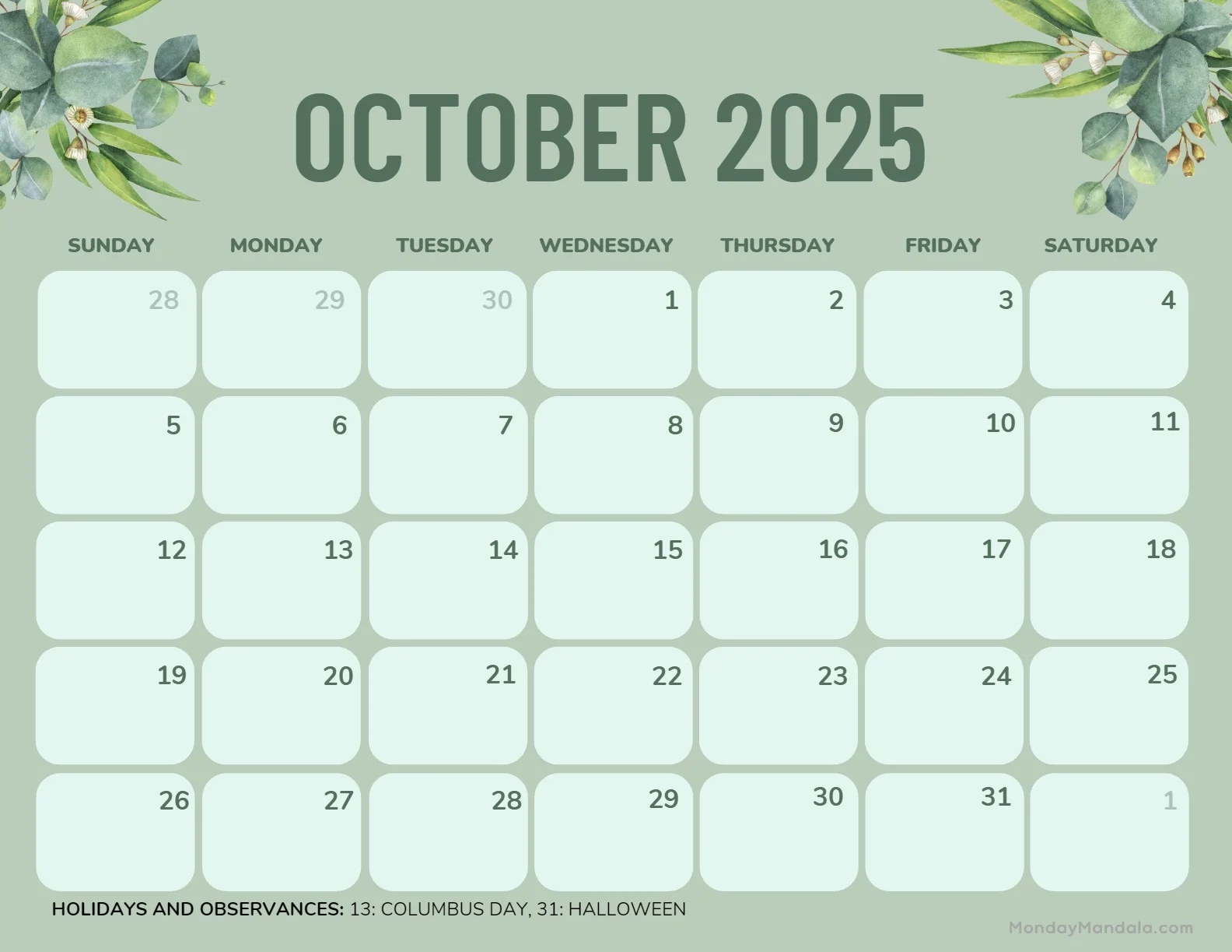 Blank October 2025 Calendar