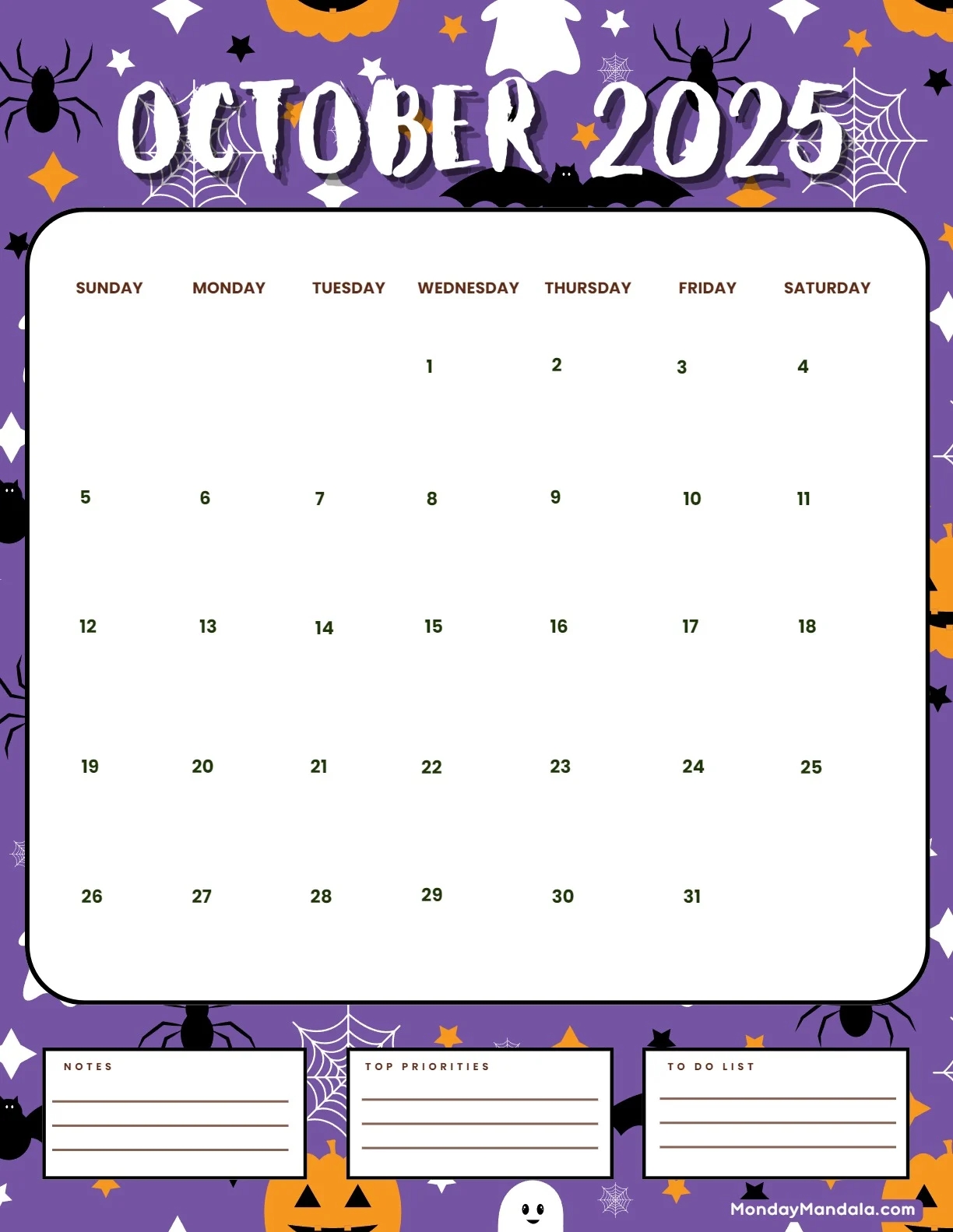 Calendar 2025 October Printable
