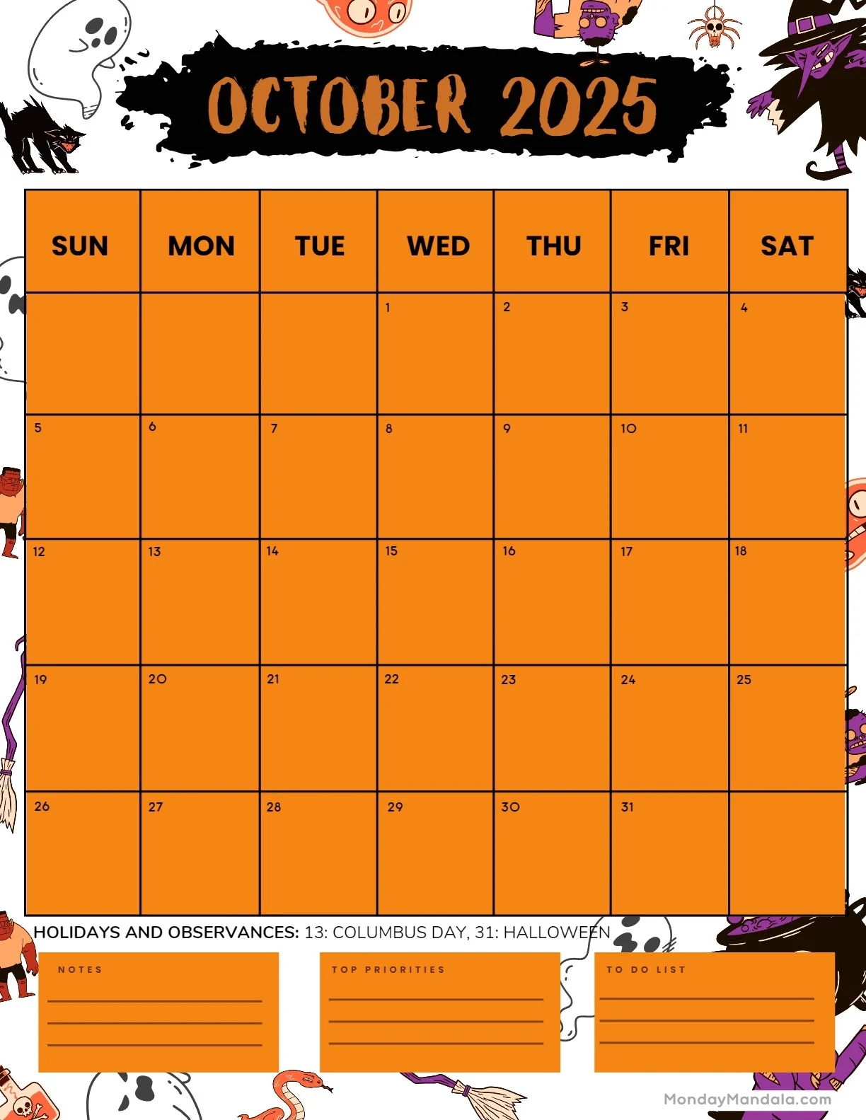 October 2025 Calendar 52 Free PDF Printables 